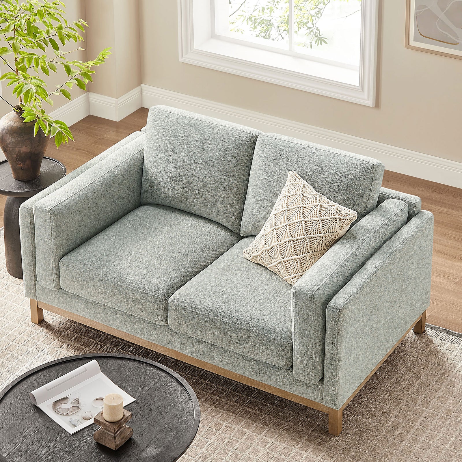 Mist loveseat layout emphasizing roomy seating area, wide arms, and soft chenille texture || EEI-7328-MST || top_angle_room