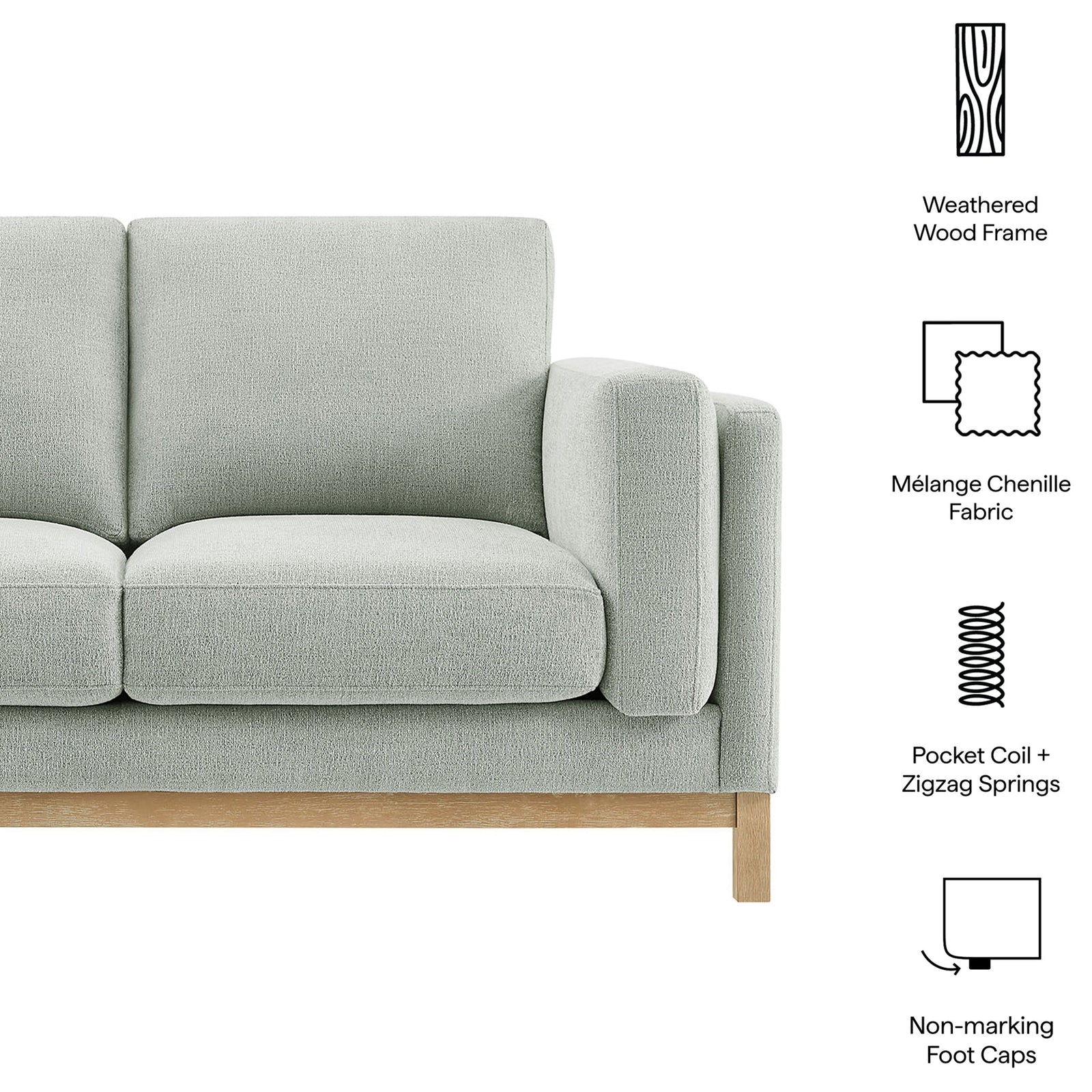 Roscoe mist loveseat highlighting weathered wood frame, melange chenille, and supportive spring seating || EEI-7328-MST || callout_studio