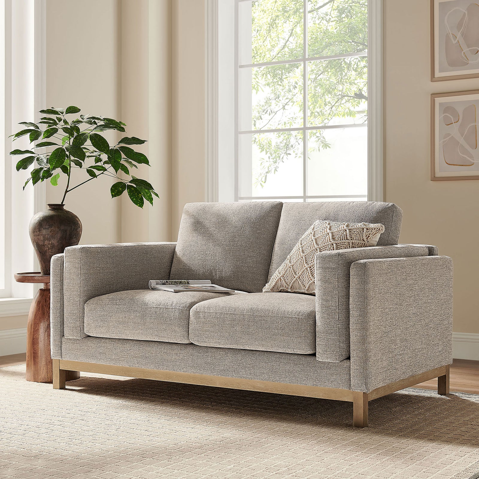 Roscoe loveseat in pewter chenille brings relaxed comfort to a bright, airy living space. || EEI-7328-PEW || front_angle_room