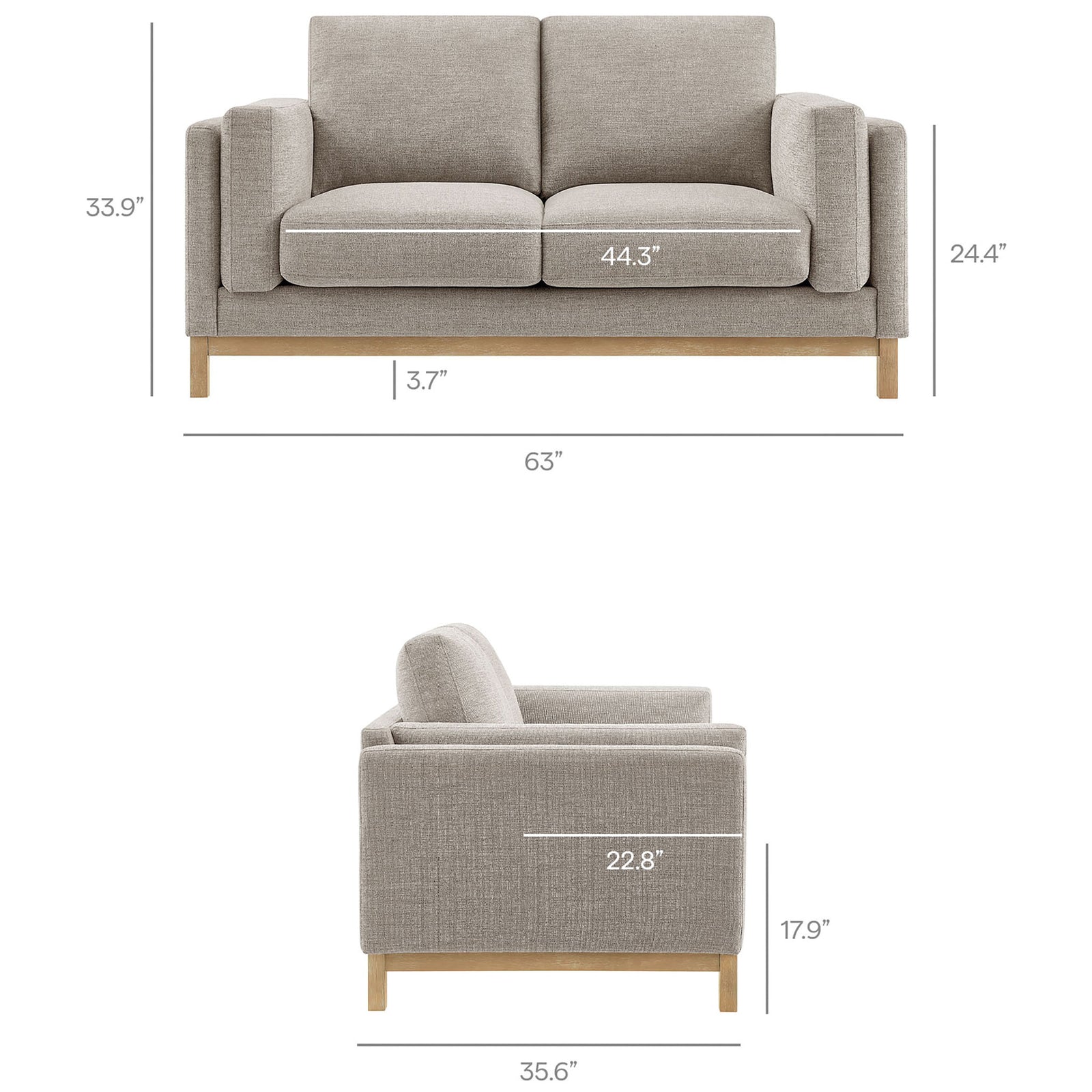 Dimension diagram of the Roscoe loveseat detailing overall width, depth, height, and seat measurements. || EEI-7328-PEW || dimension_studio