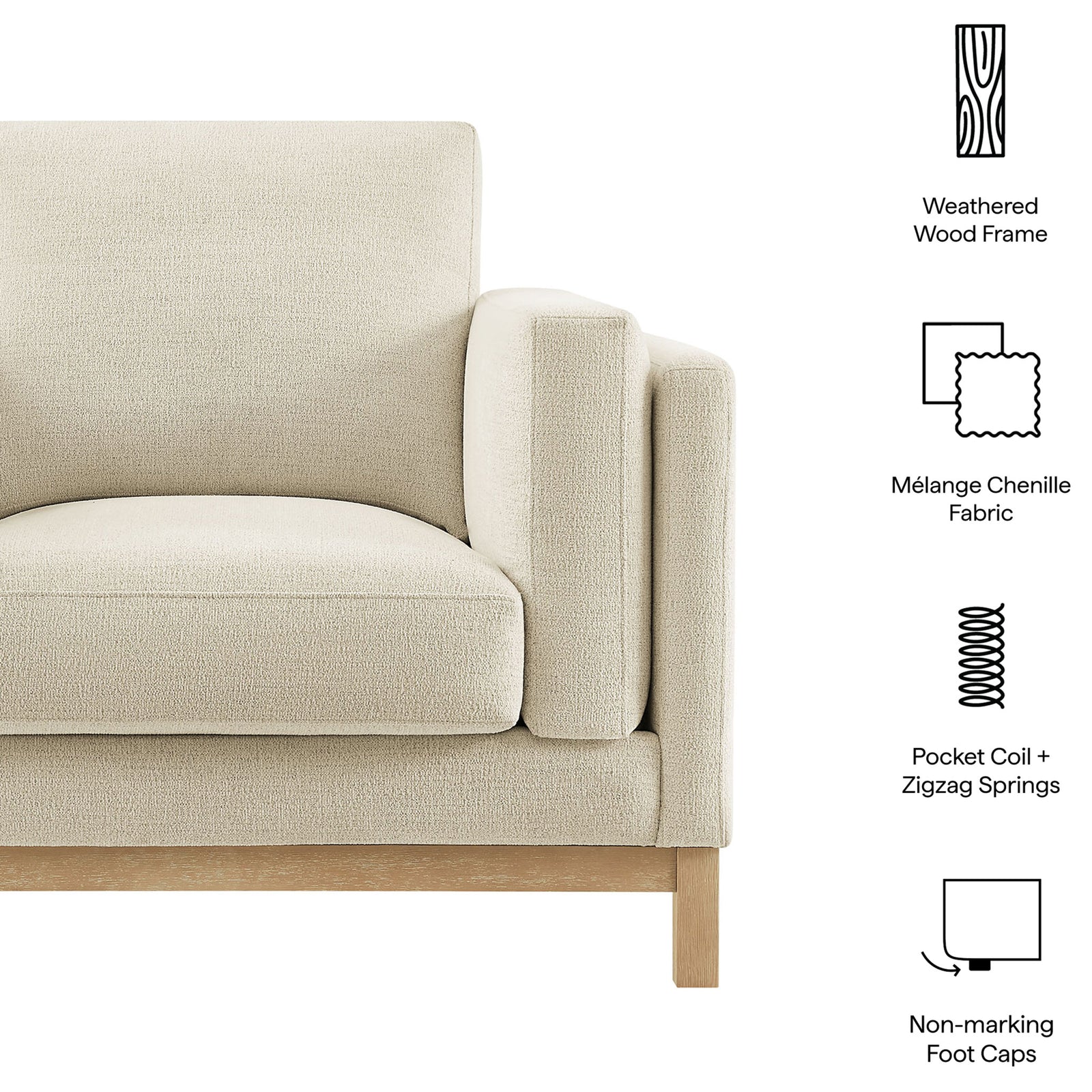 Durable weathered wood frame pairs with soft melange chenille for lasting comfort || EEI-7329-IVO || callout_studio