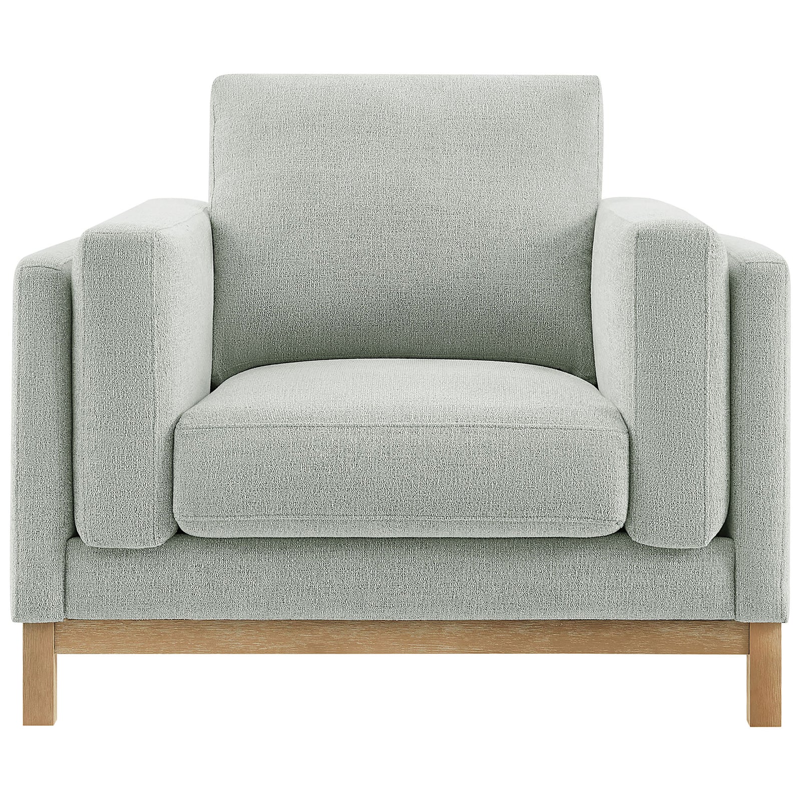 Mist chenille armchair with wide seat, tailored cushions, and weathered wood base || EEI-7329-MST || front_studio