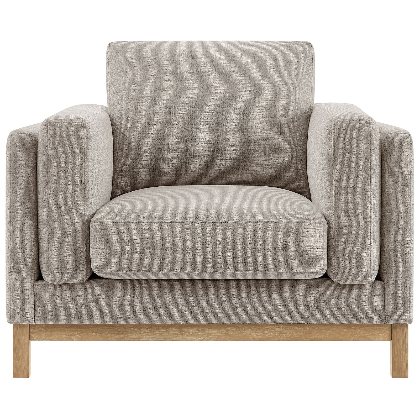 Roscoe armchair in pewter chenille with wide track arms and plush cushions on a weathered wood base. || EEI-7329-PEW || front_studio