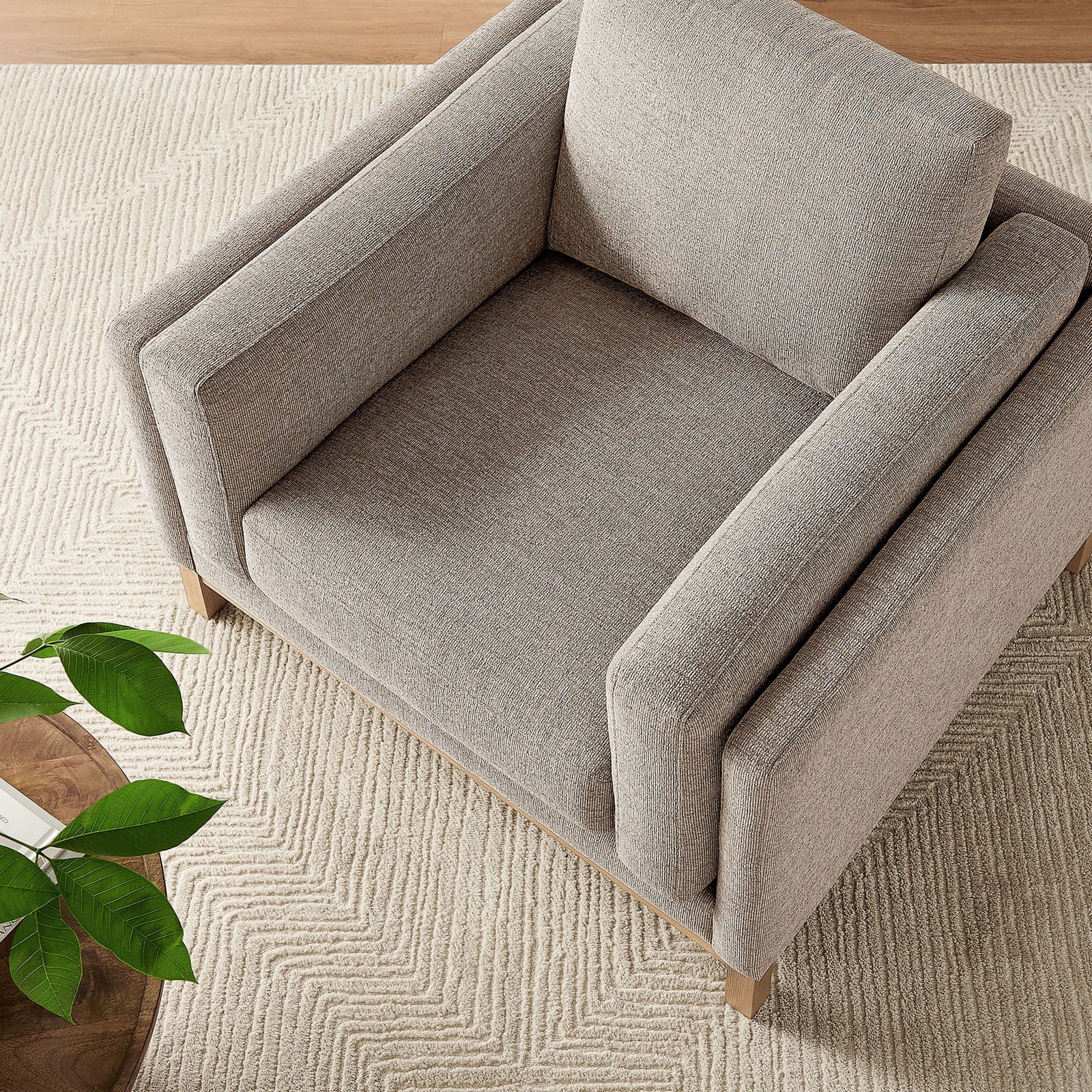 Deep, inviting seat and layered arms in soft pewter chenille for relaxed lounging. || EEI-7329-PEW || top_room