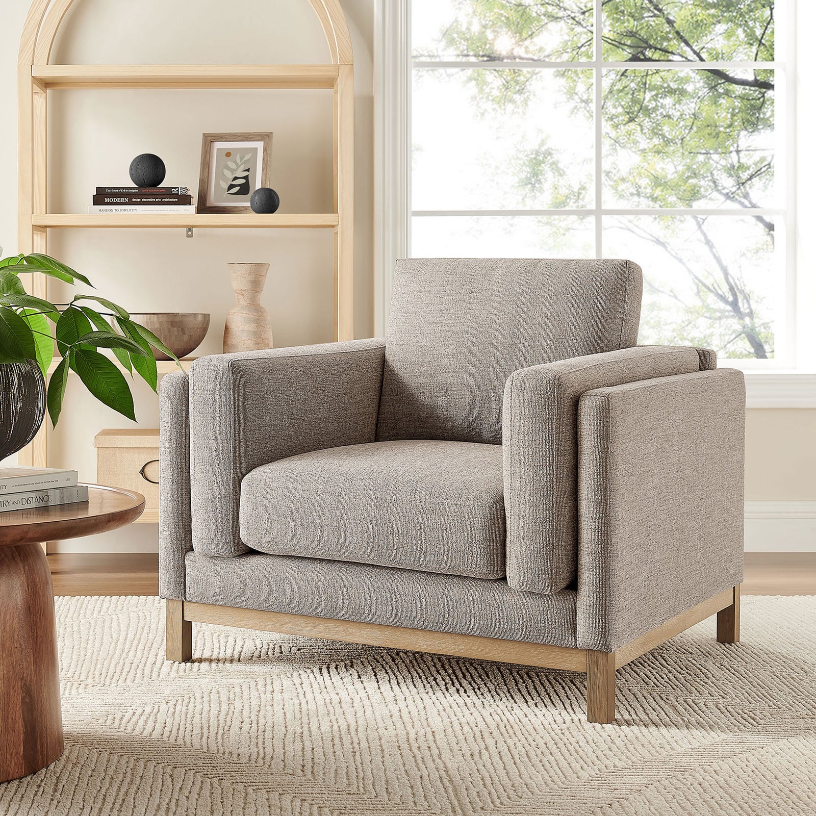 Modern accent chair pairs soft pewter chenille with a weathered wood base for timeless comfort. || EEI-7329-PEW || front_angle_room