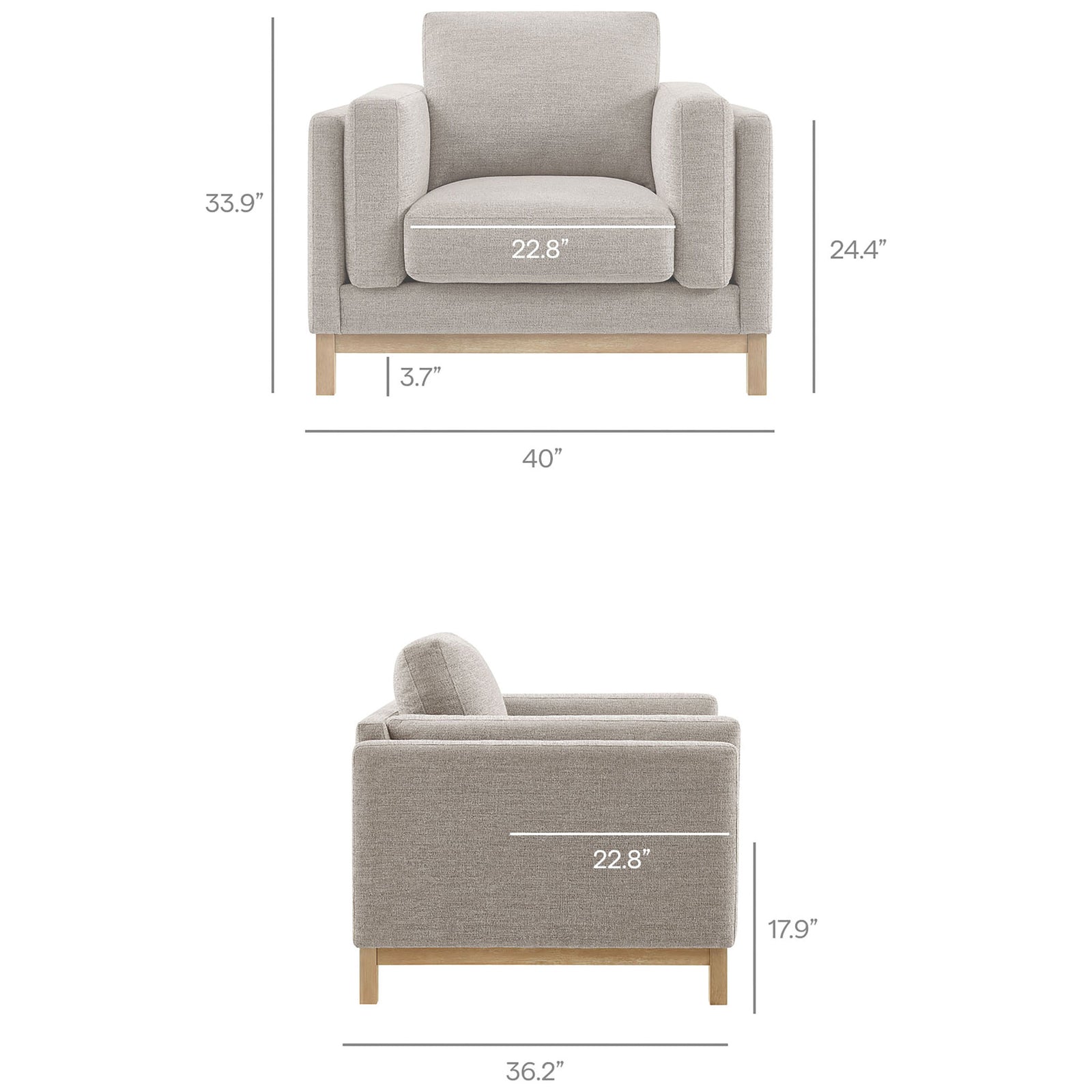 Generous proportions with a 22.8 inch wide seat and 17.9 inch seat height for lounge-worthy comfort. || EEI-7329-PEW || dimension_studio