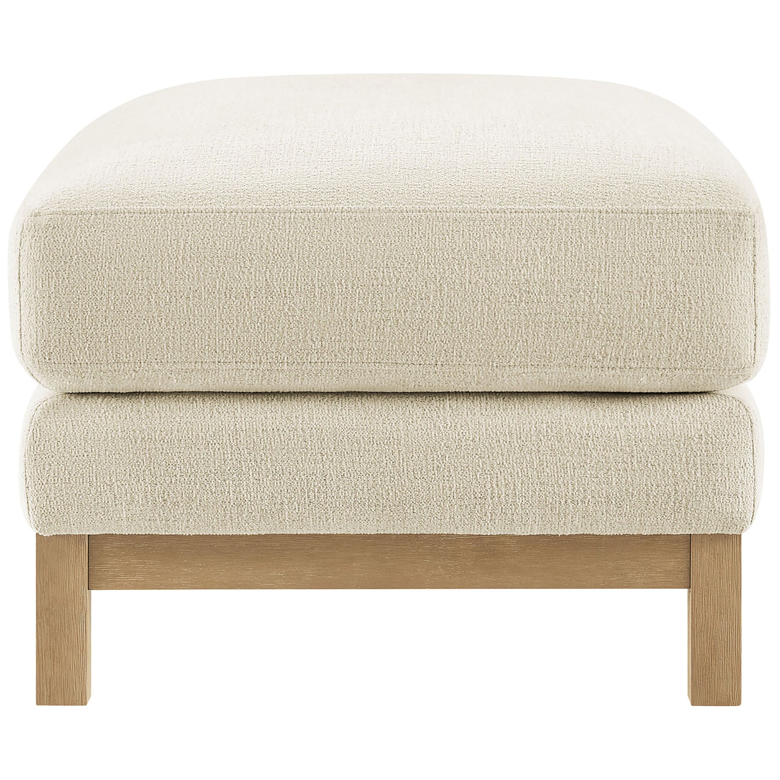 Compact ivory ottoman end view showcasing thick cushioned top and slim wood base || EEI-7330-IVO || side_studio