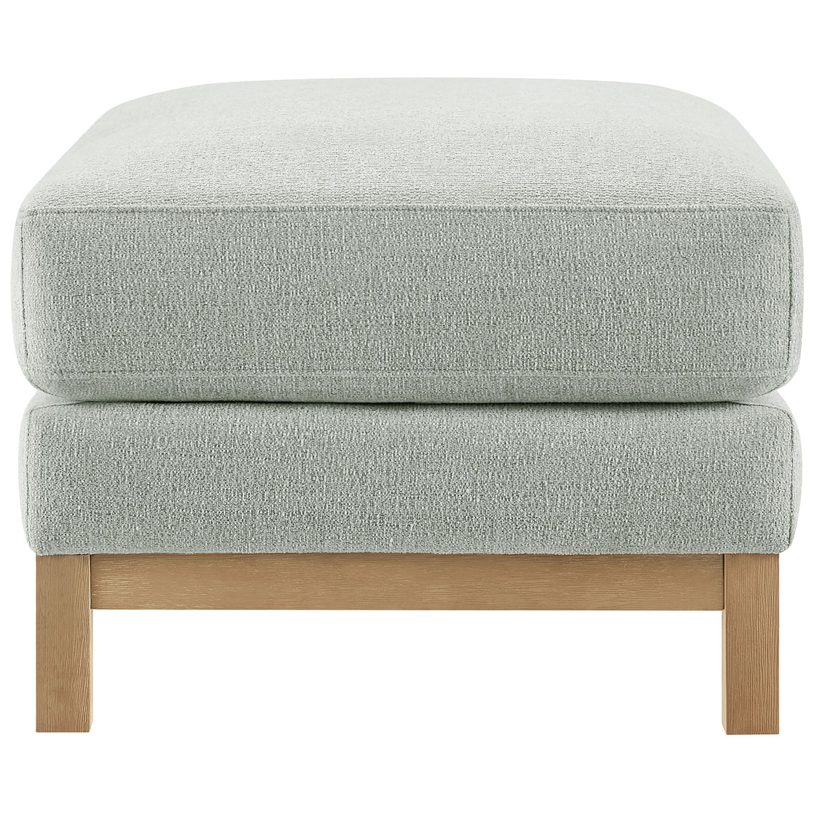 Mist fabric ottoman showing thick seat cushion and sturdy weathered wood frame || EEI-7330-MST || side_studio
