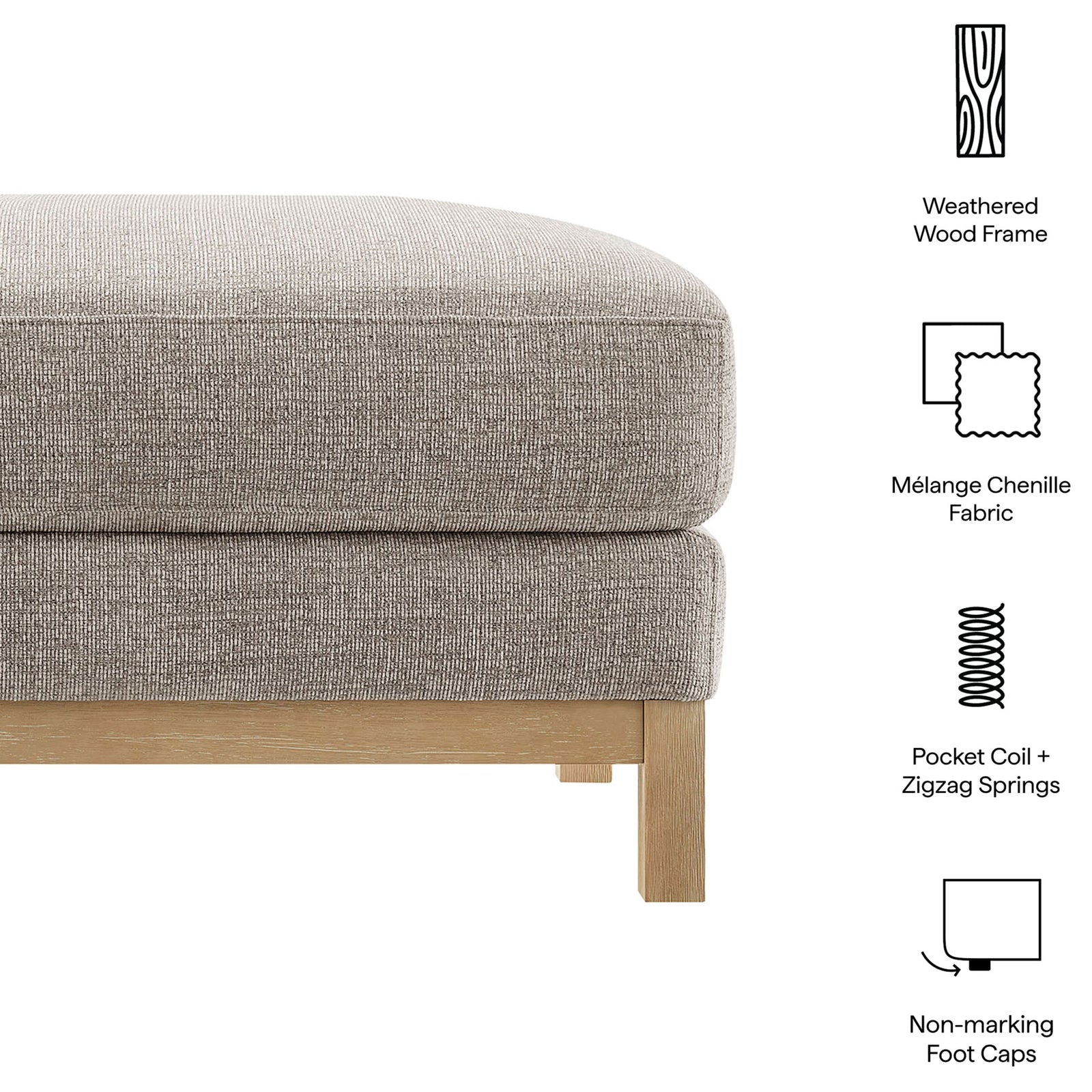 Feature highlights show Roscoe ottoman with melange chenille fabric, pocket coil support, and non-marking foot caps. || EEI-7330-PEW || callout_studio