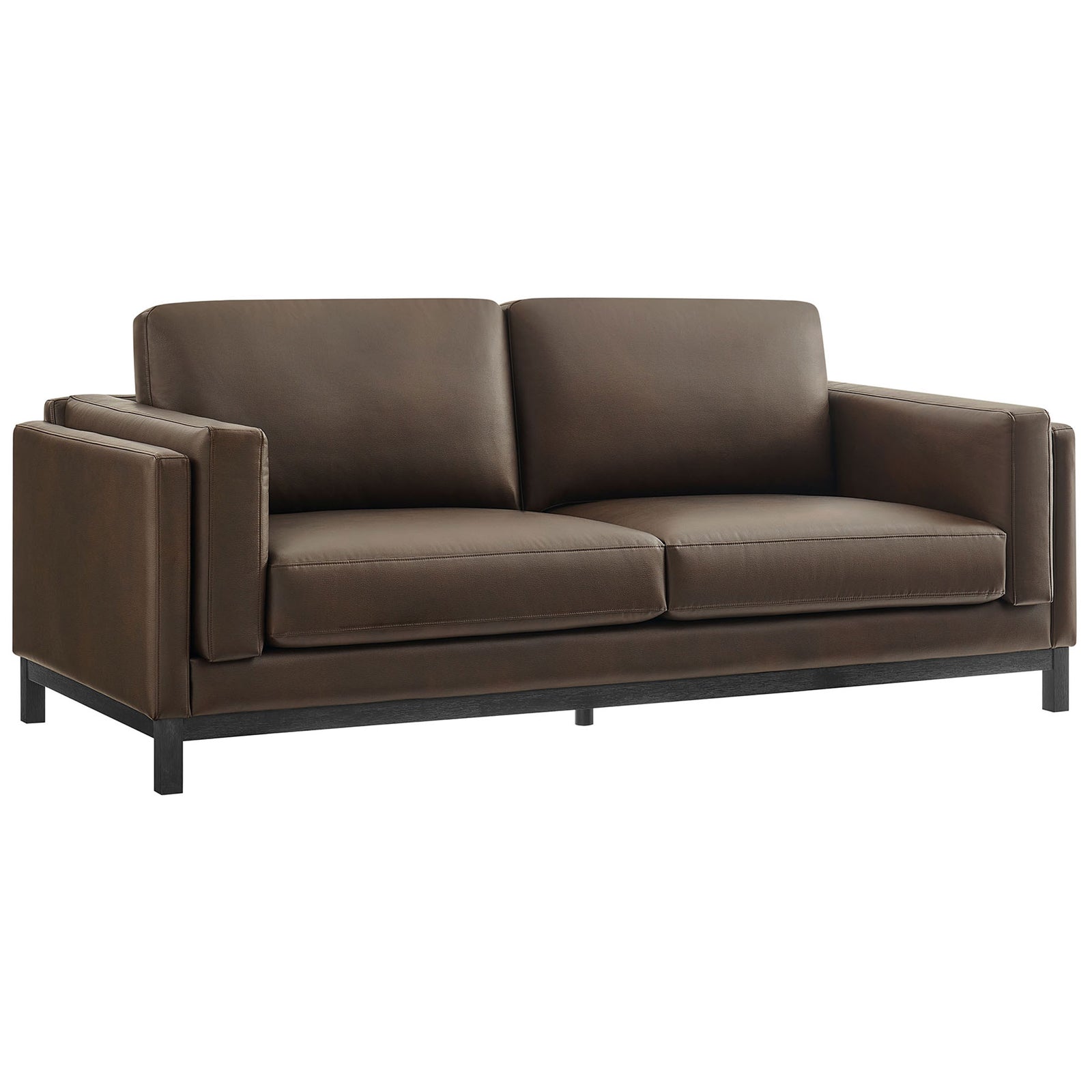 Espresso vegan leather sofa with clean lines, deep seat cushions, and slim track arms on a wood base || EEI-7335-ESP || front_angle_studio