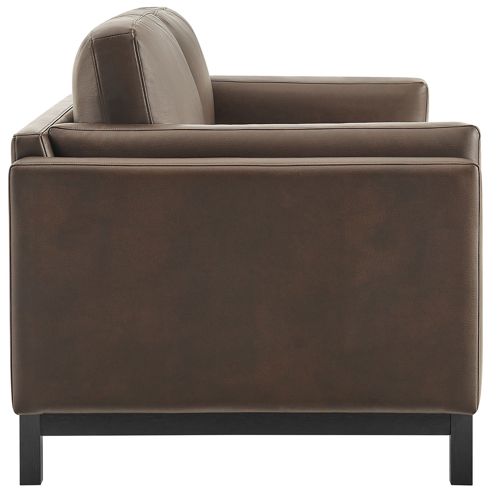 Sleek profile highlighting tailored arms and thick seat cushions on the espresso vegan leather sofa || EEI-7335-ESP || side_studio