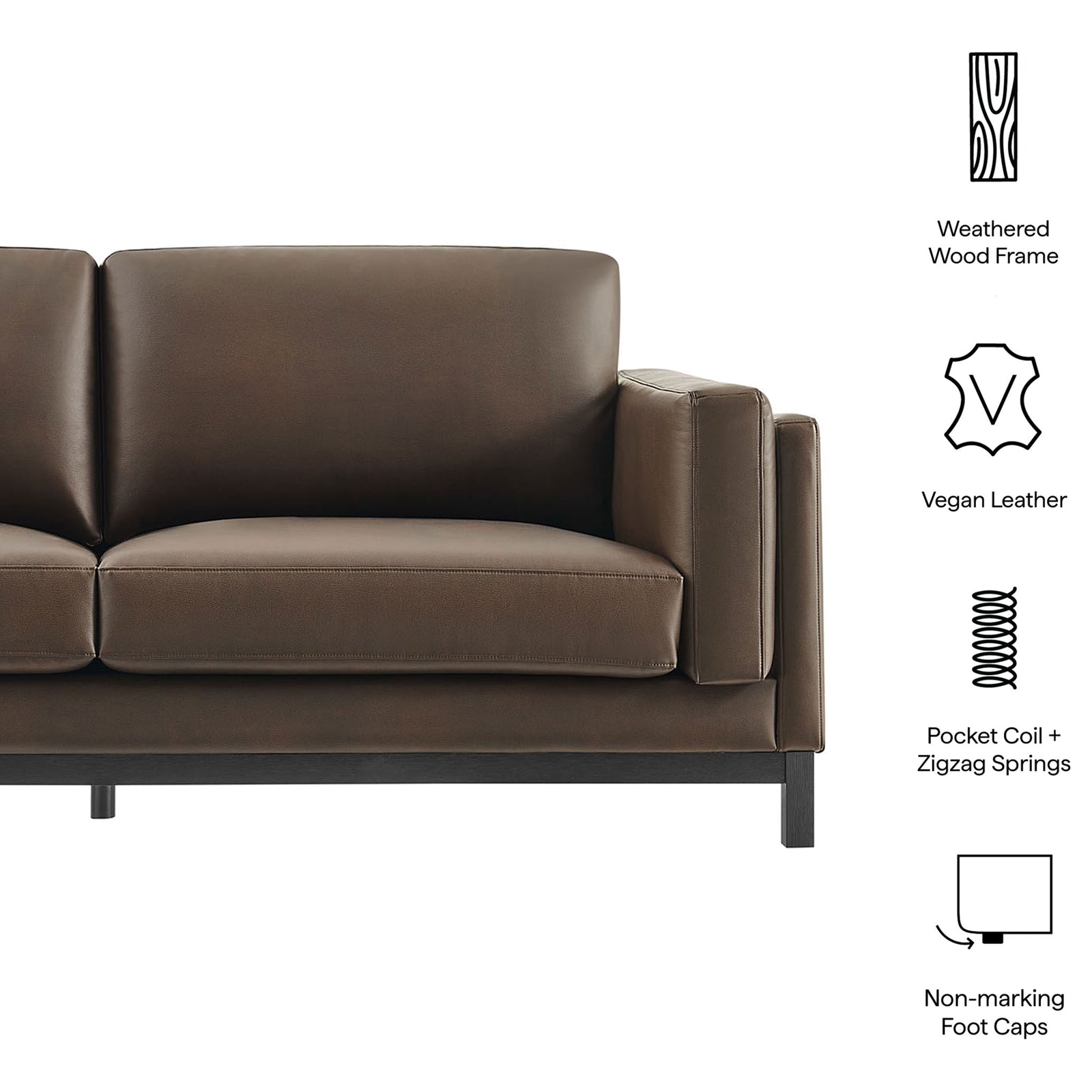 Feature callouts highlighting the Roscoe sofa materials, support system, and protective foot caps || EEI-7335-ESP || callout_studio
