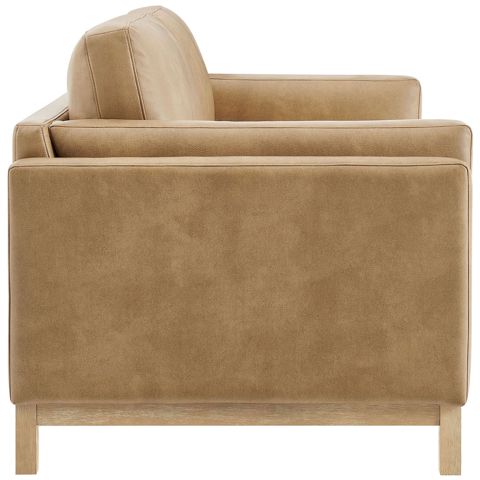 Roscoe vegan leather sofa with slim track arms, supportive back cushions, and tapered wood legs in a warm toast tone || EEI-7335-TST || side_studio