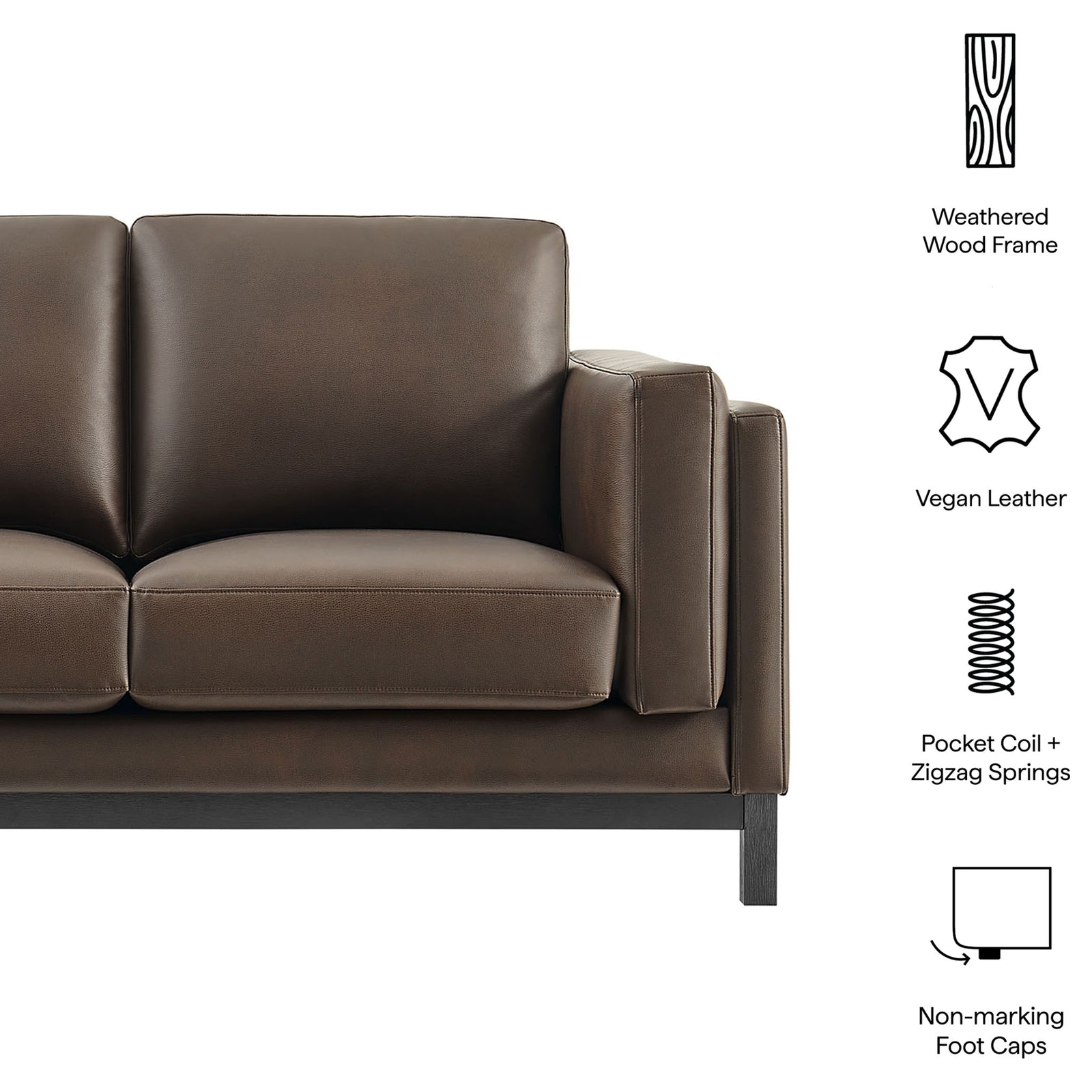 Feature graphic highlighting weathered wood frame, vegan leather, spring support, and non-marking foot caps || EEI-7336-ESP || callout_studio