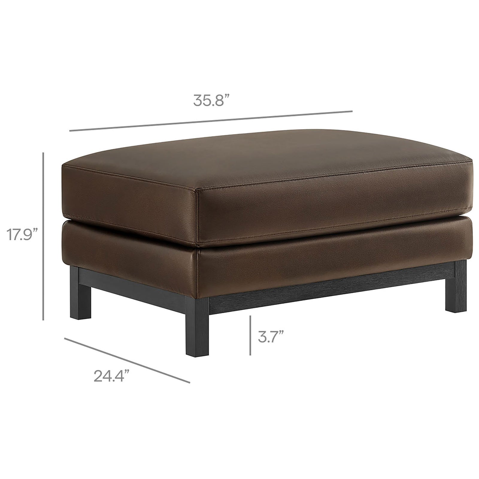 Roscoe rectangular ottoman with labeled dimensions for length, width, height, and leg height. || EEI-7338-ESP || dimension_studio