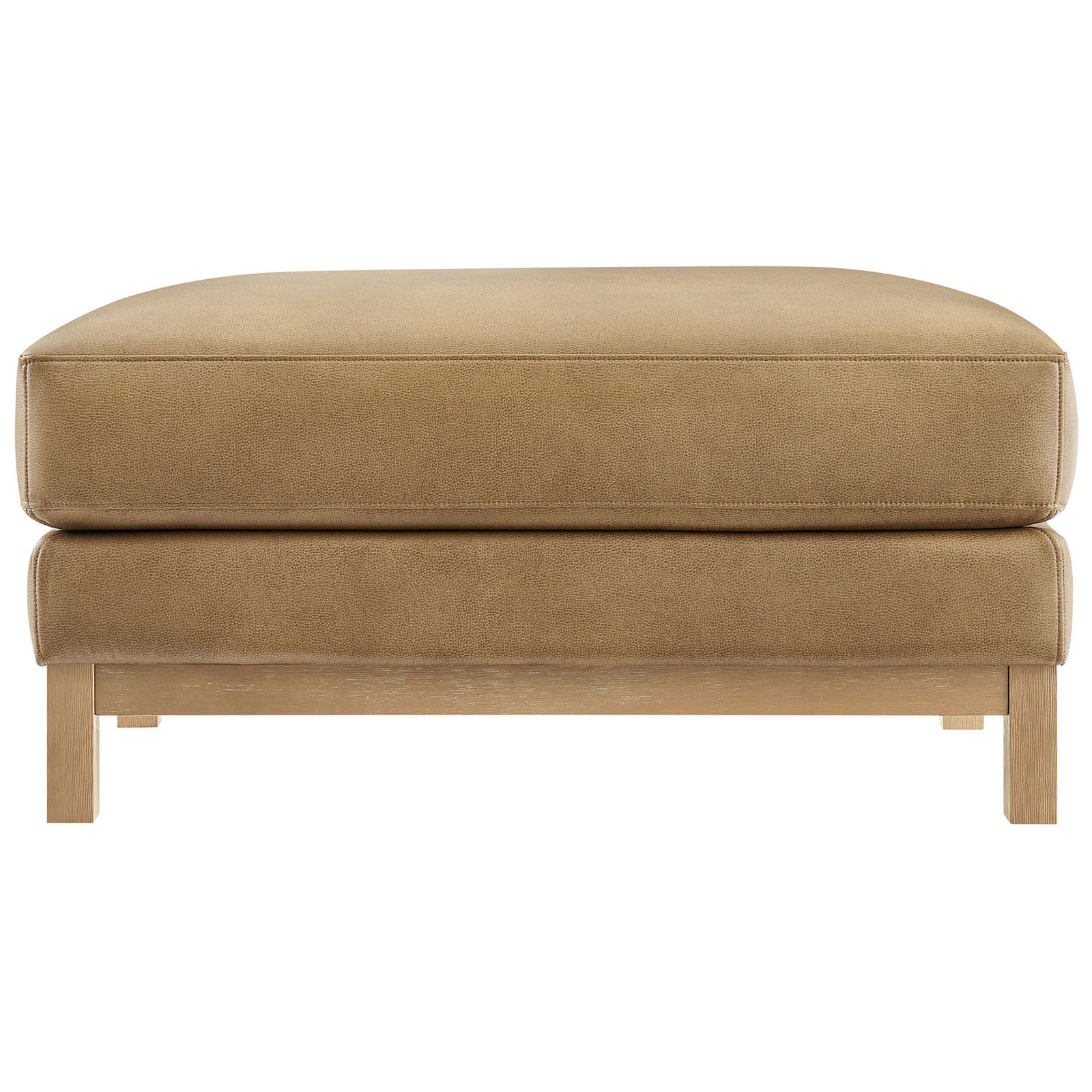 Roscoe vegan leather ottoman in toast with plush cushion and weathered wood base || EEI-7338-TST || front_studio