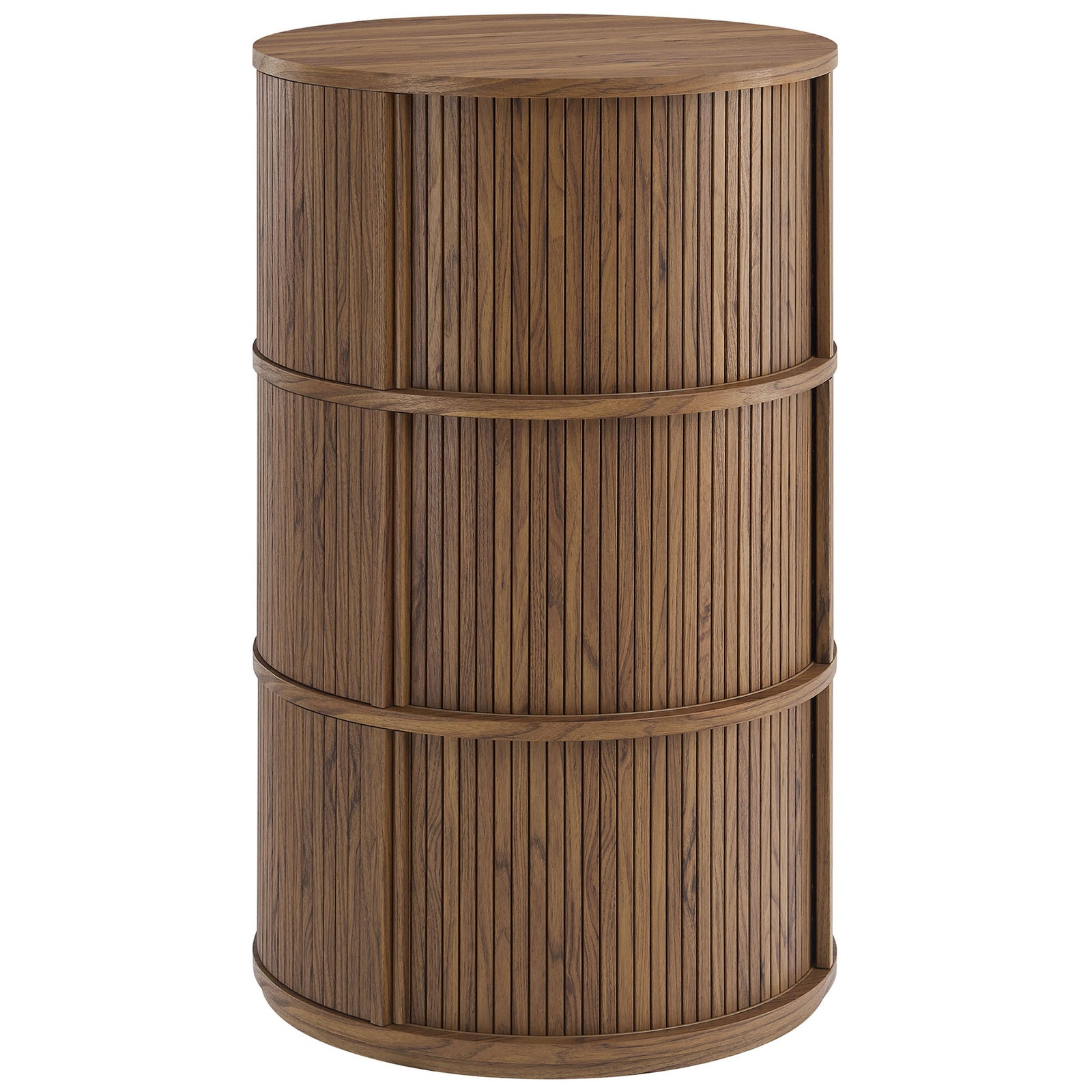 Sculptural walnut pedestal table with fluted tambour panels and a smooth round top for display or storage || EEI-7344-WAL || front_angle_studio