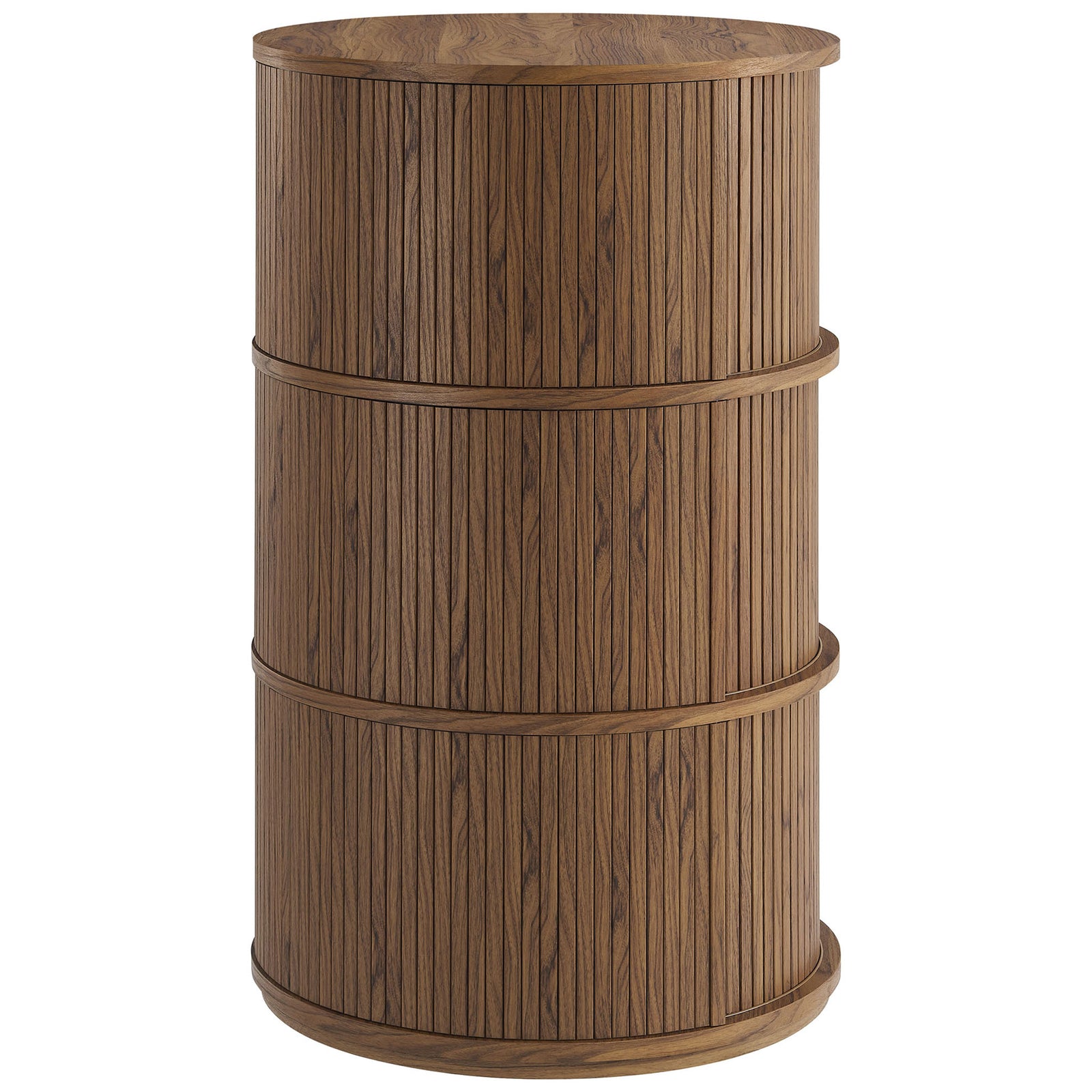 Warm walnut cylinder table with continuous vertical slats creating a refined mid-century storage accent || EEI-7344-WAL || back_angle_studio