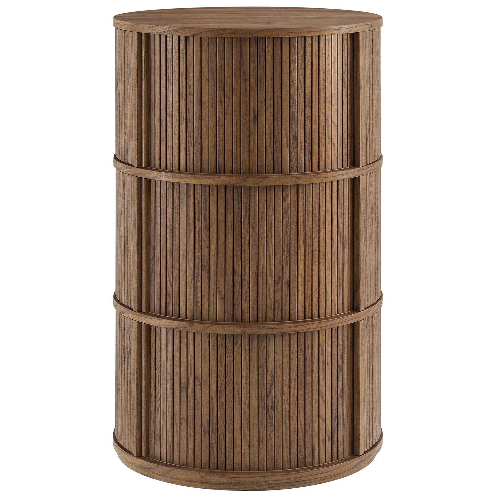 Round walnut pedestal cabinet with three stacked tambour sections for hidden storage and modern flair || EEI-7344-WAL || front_studio