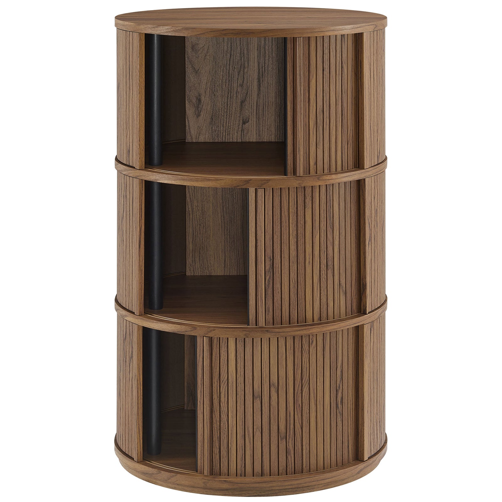 Walnut pedestal storage table with sliding tambour doors partially opened to reveal roomy interior shelving || EEI-7344-WAL || front_open_studio