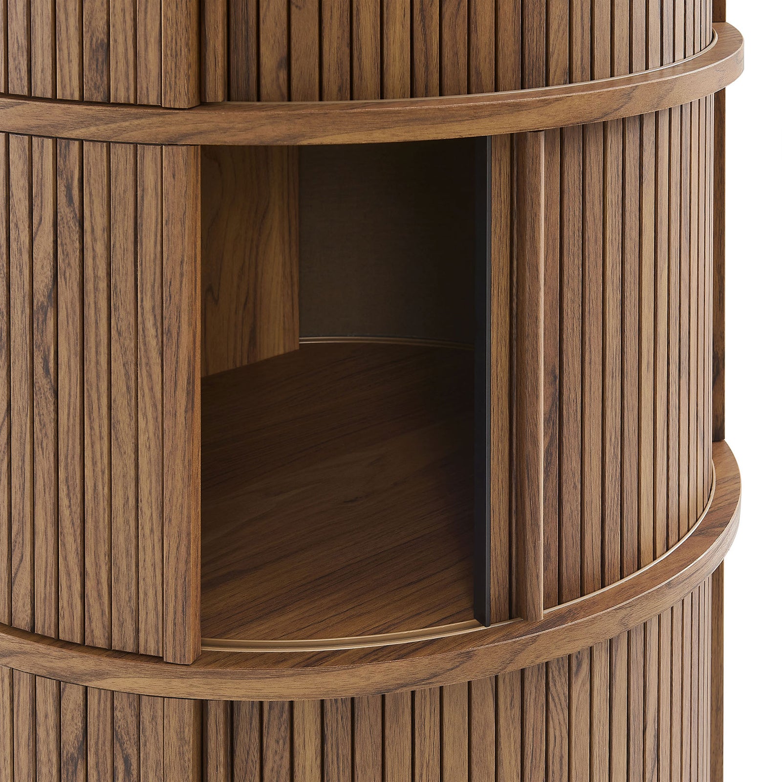 Walnut tambour door glides open to expose a smooth interior shelf for books and decor || EEI-7344-WAL || storage_open_studio