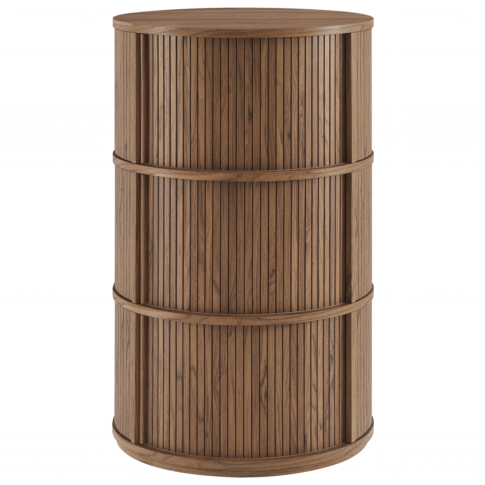 Walnut tambour storage table highlighting its seamless cylindrical silhouette and layered pedestal bands || EEI-7344-WAL || front_angle_studio