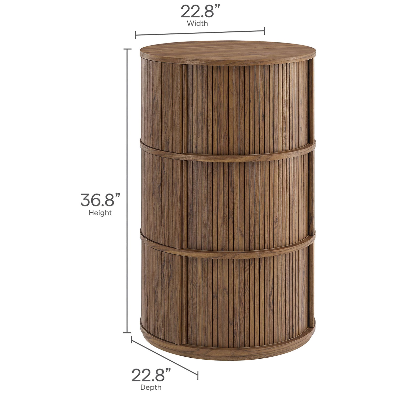 Dimension graphic of the walnut pedestal storage table showing overall height, width, and depth measurements || EEI-7344-WAL || dimension_studio