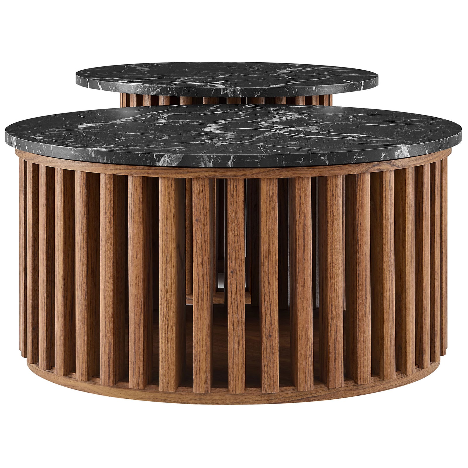 Nesting coffee tables showcase veined black faux marble tops over warm walnut slatted bases. || EEI-7345-WAL-BLK || side_studio