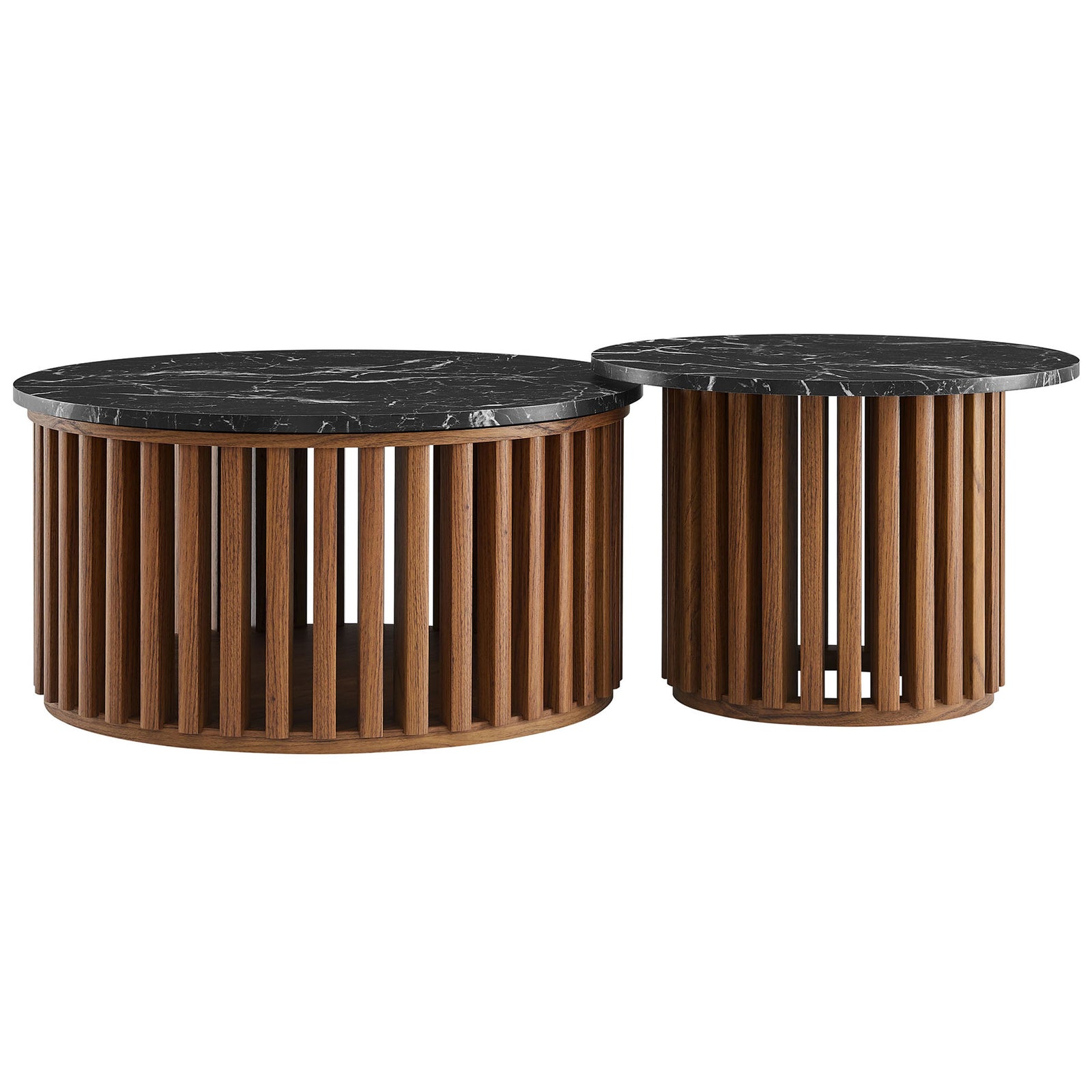 Round silhouettes and vertical timber strips create a clean, modern focal point for living spaces. || EEI-7345-WAL-BLK || front_studio