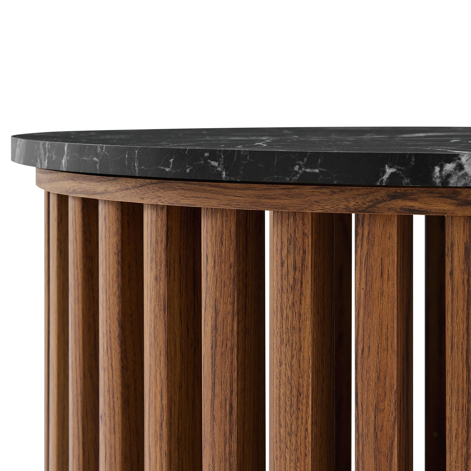 Thick, rounded edge meets walnut wood slats for a refined mix of texture and tone. || EEI-7345-WAL-BLK || detail_studio
