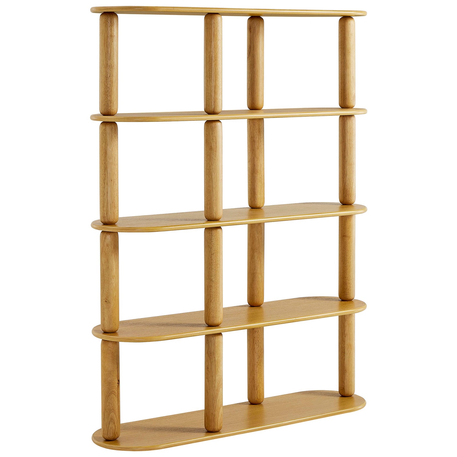 Sleek open shelves in oak veneer balanced by solid rubberwood columns || EEI-7347-OAK || front_angle_studio