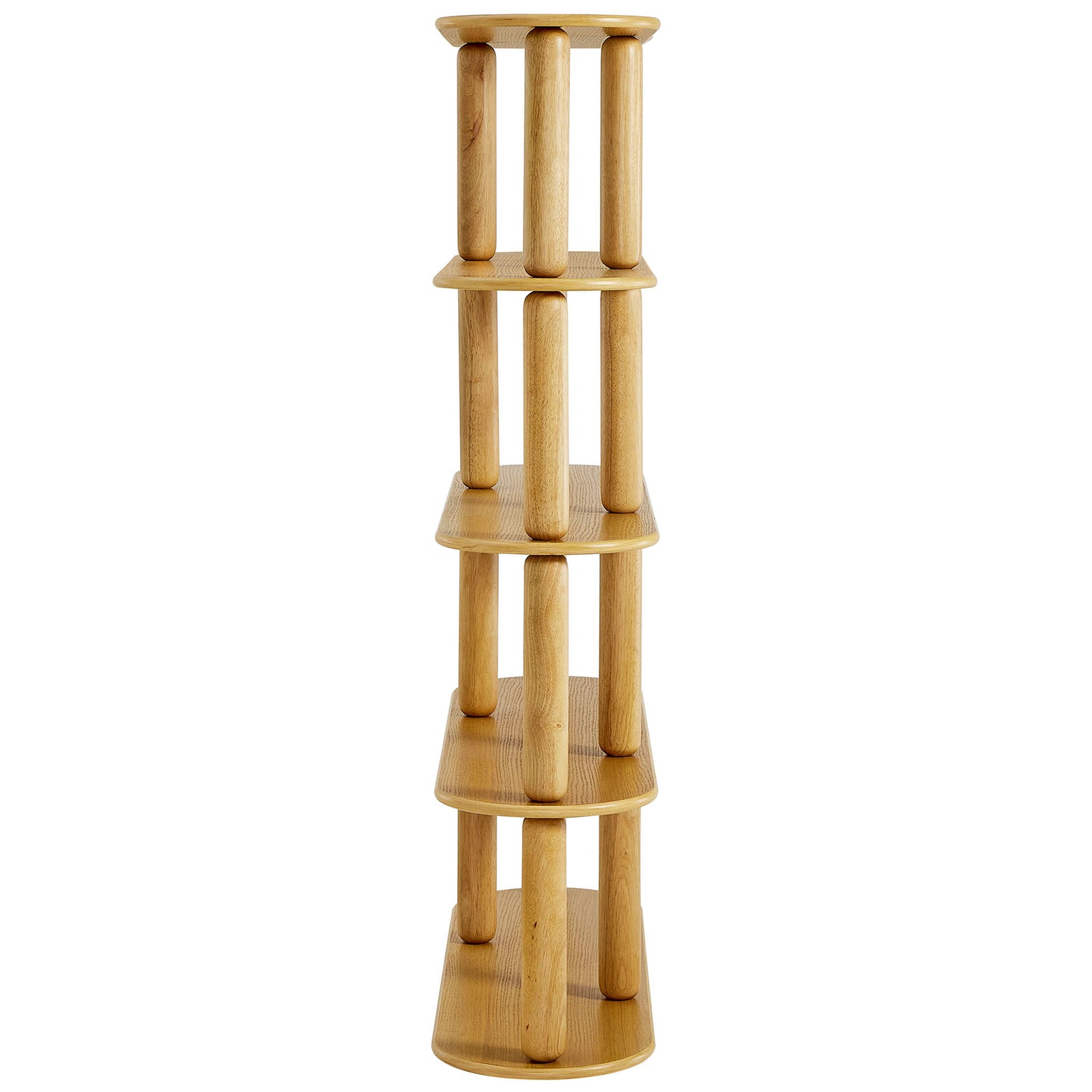 Slim profile highlights the oval tiers and smooth, rounded shelf edges || EEI-7347-OAK || side_studio