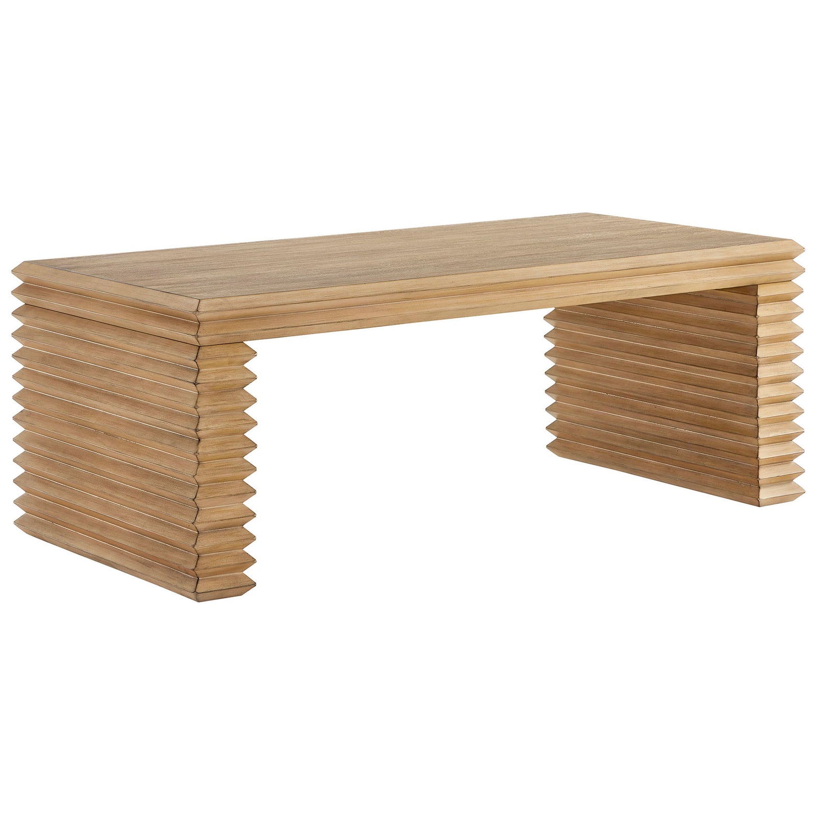 Weathered oak coffee table with striking stacked legs and a spacious rectangular top || EEI-7348-WOA || front_angle_studio