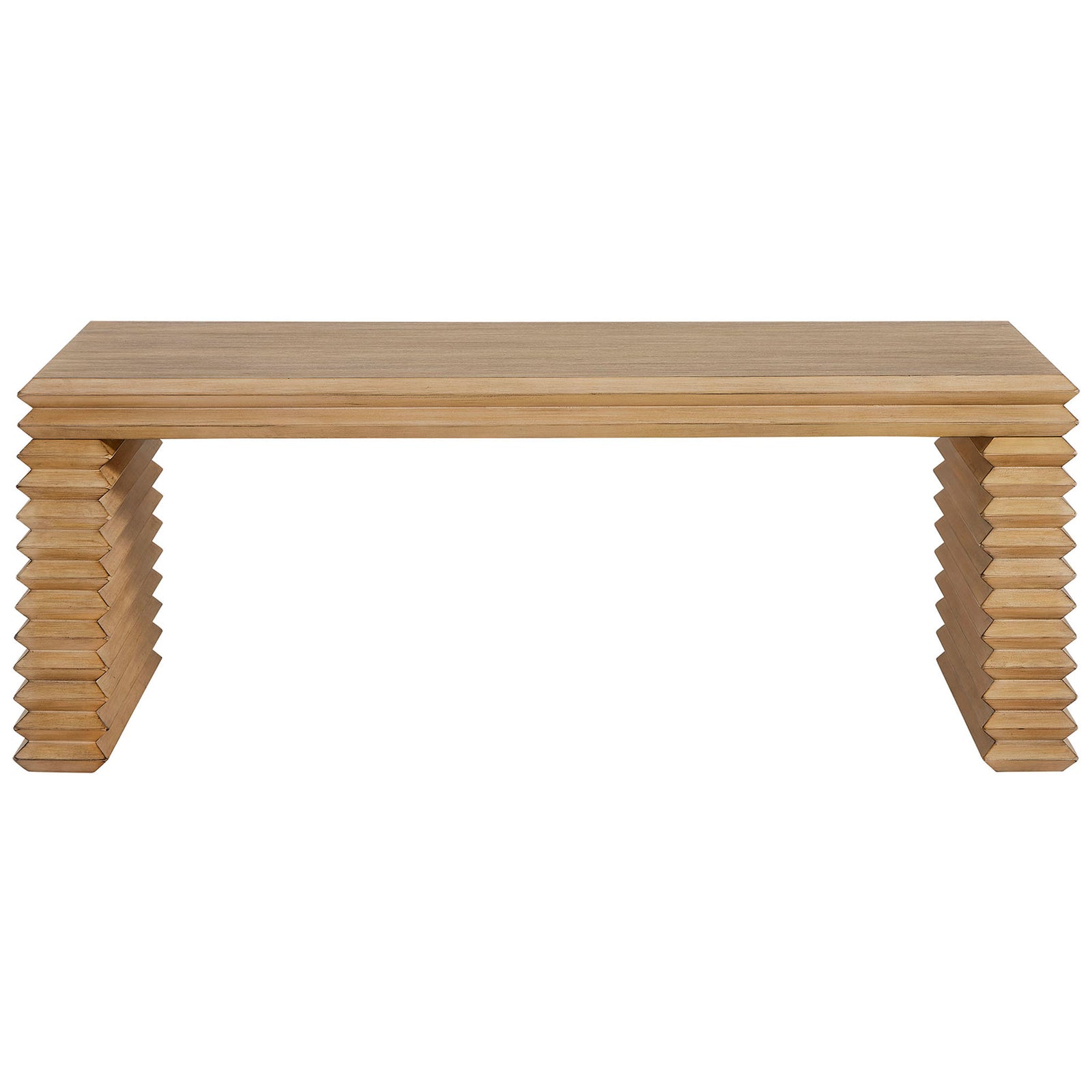 Sleek rectangular coffee table in weathered oak veneer with architectural stacked supports || EEI-7348-WOA || front_studio