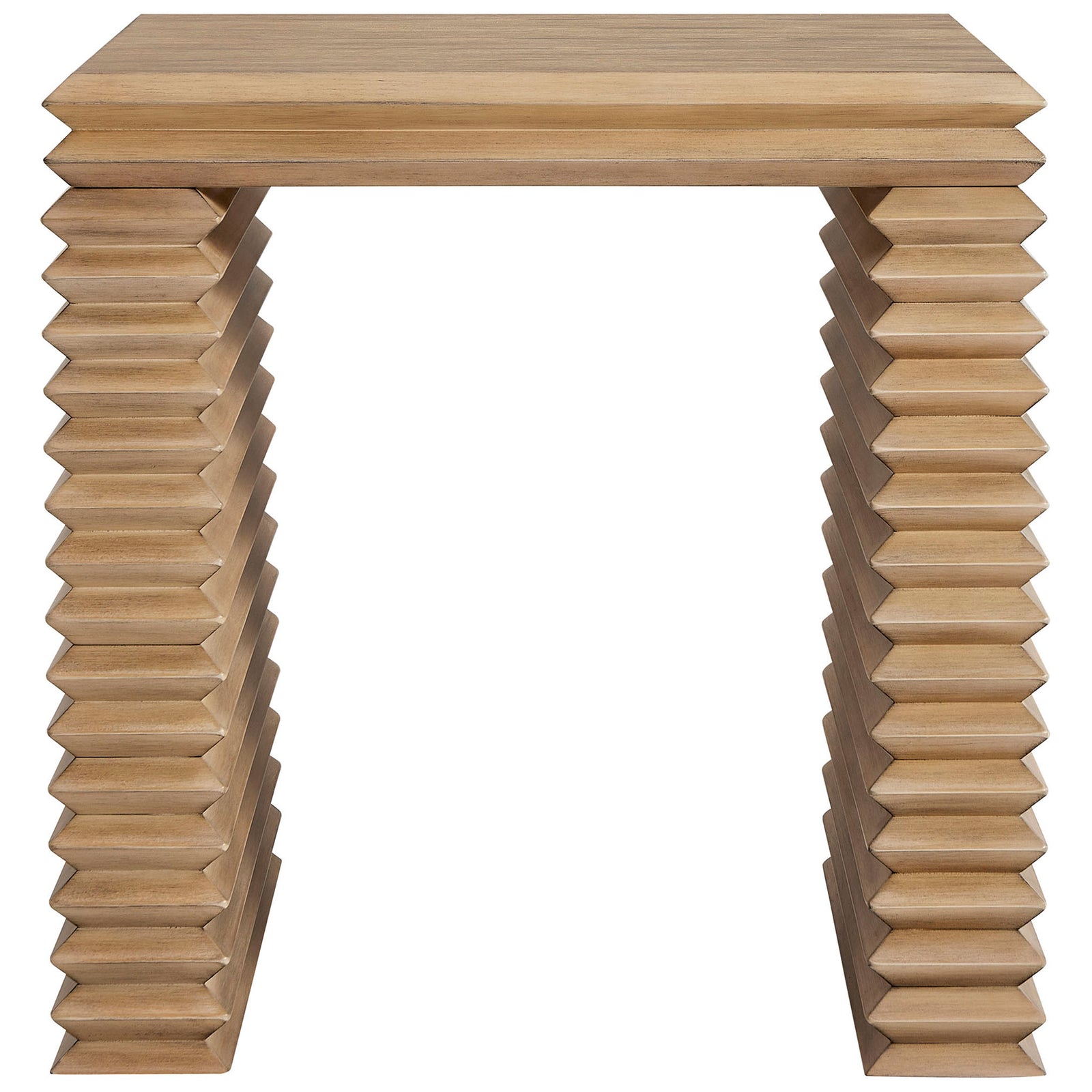 Sculptural square end table with weathered oak finish and bold stacked legs for a modern living room statement || EEI-7349-WOA || front_studio
