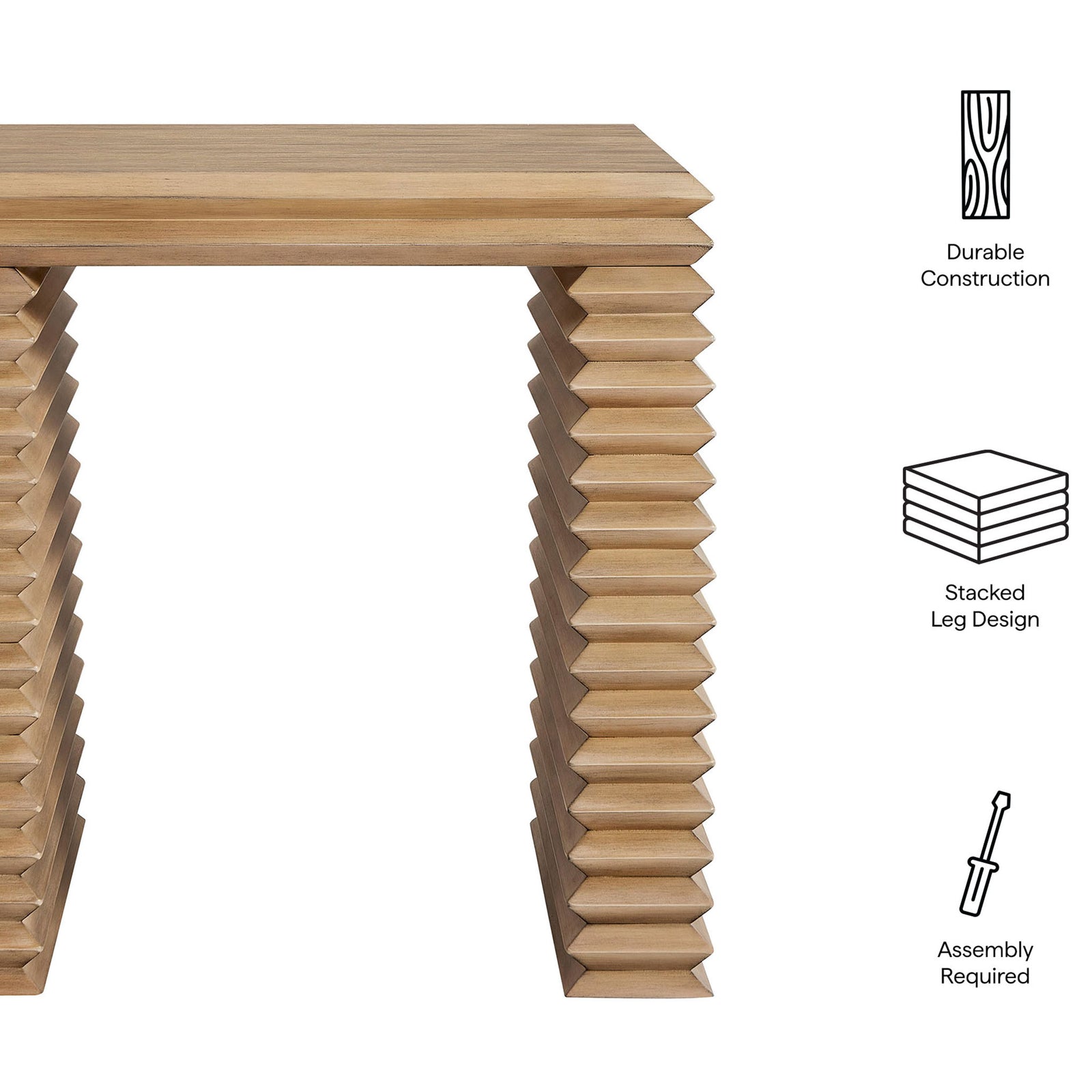 Key features include durable MDF construction, a stacked leg design, and easy assembly for everyday living || EEI-7349-WOA || callout_studio