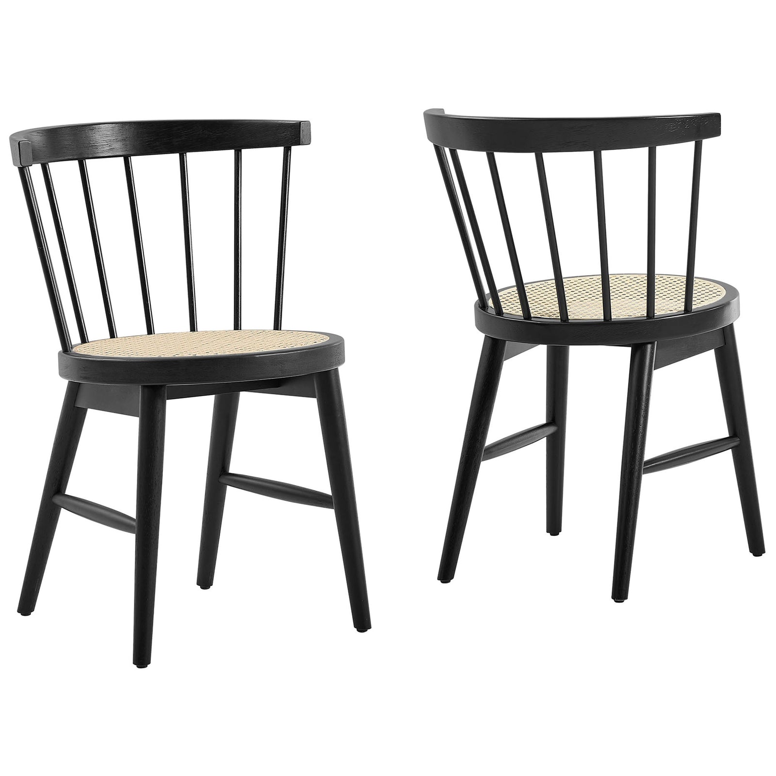Set of two black spindle back dining chairs with woven cane seats bring light texture to your dining space || EEI-7350-BLK || front_angle_multi_studio