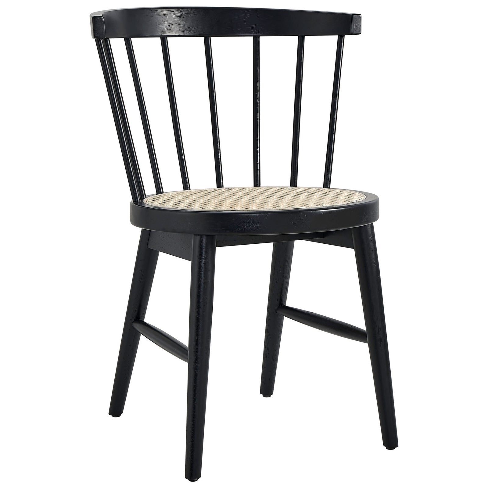 Black rubberwood dining chair with curved spindle back and woven cane seat adds modern farmhouse charm || EEI-7350-BLK || front_angle_studio