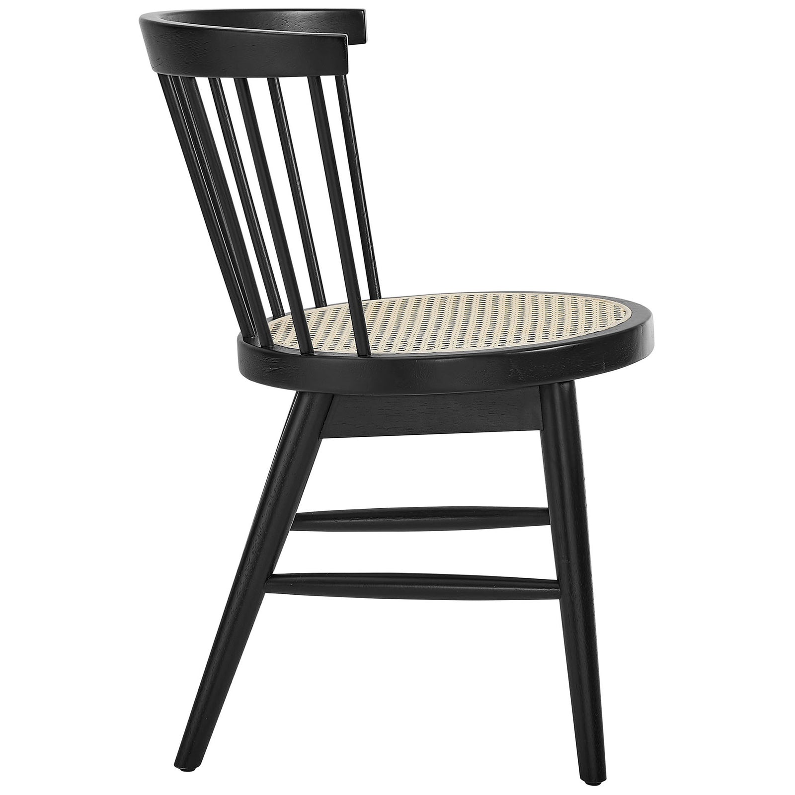 Black dining chair showcases curved wraparound spindle back and slim tapered legs for an airy silhouette || EEI-7350-BLK || side_studio