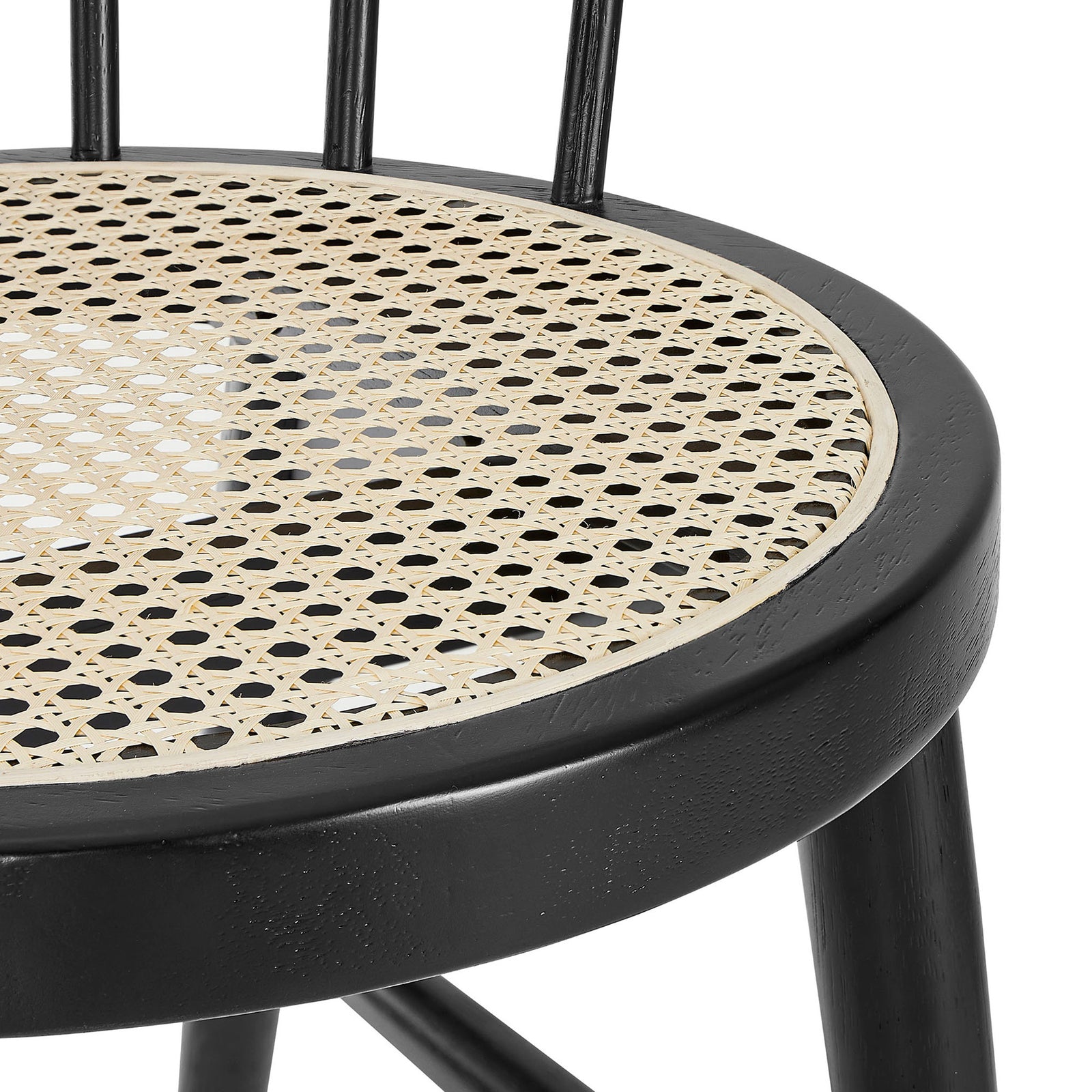 Woven cane seat inset framed by black wood brings breathable texture and contrast to the dining chair || EEI-7350-BLK || detail_studio