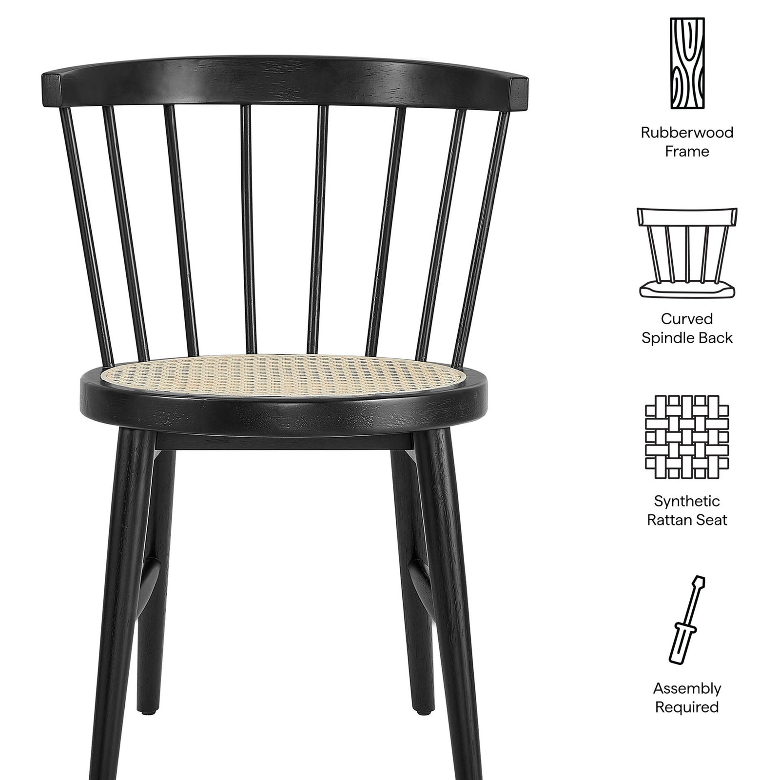 Feature graphic highlighting rubberwood frame, curved spindle back, synthetic rattan seat, and easy assembly || EEI-7350-BLK || callout_studio