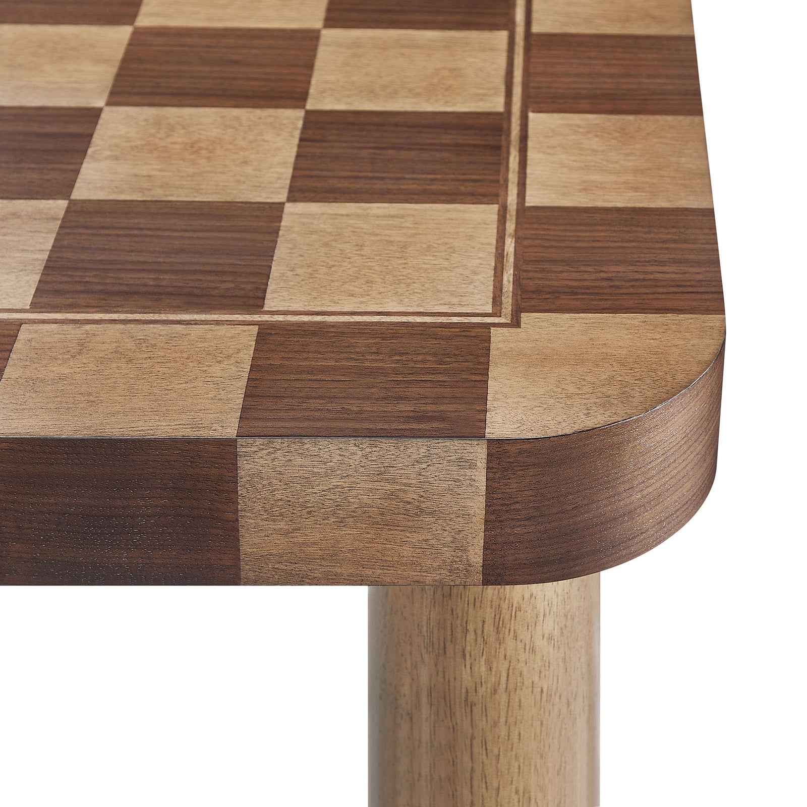The checkered tabletop edge shows smooth rounded corners and a rich veneered pattern || EEI-7351-DWC || detail_studio