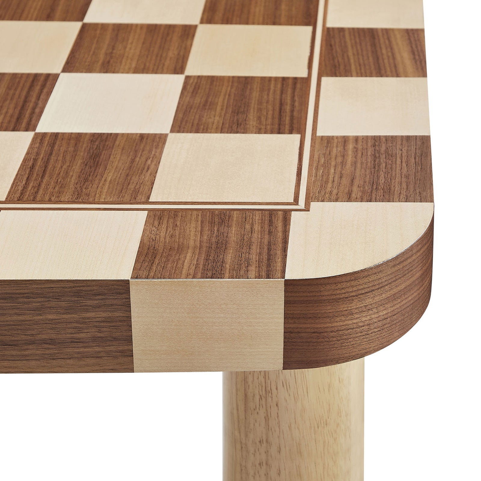 Rounded table corner showcases the contrasting oak and walnut veneer marquetry. || EEI-7351-OWC || detail_studio