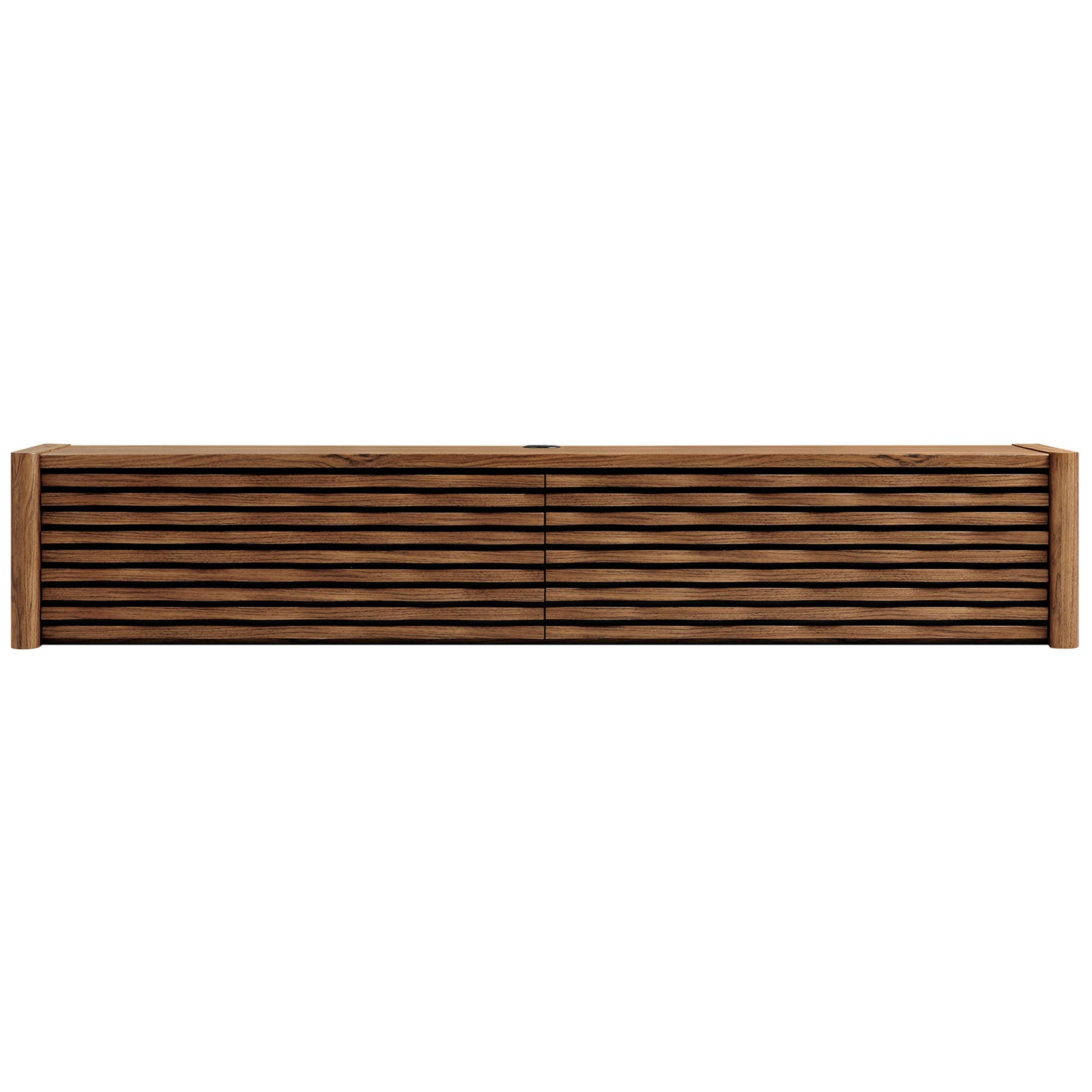Minimalist walnut media console with push-to-open wave doors for streamlined, handle-free TV storage || EEI-7352-WAL || front_studio