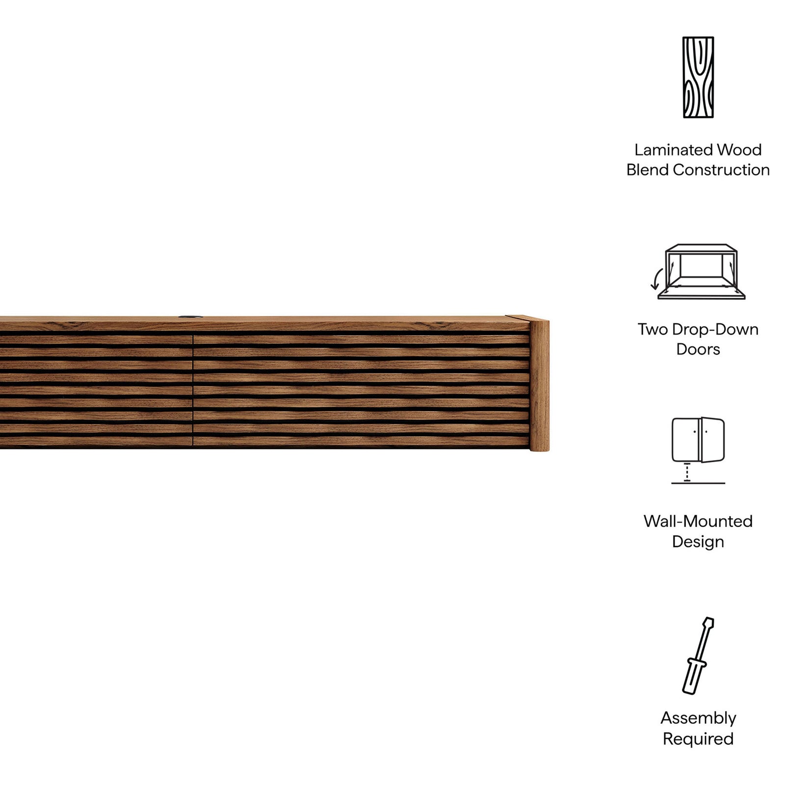 Emric wave TV cabinet on white background with icons highlighting wood construction, drop-down doors, and wall mounting || EEI-7352-WAL || callout_studio