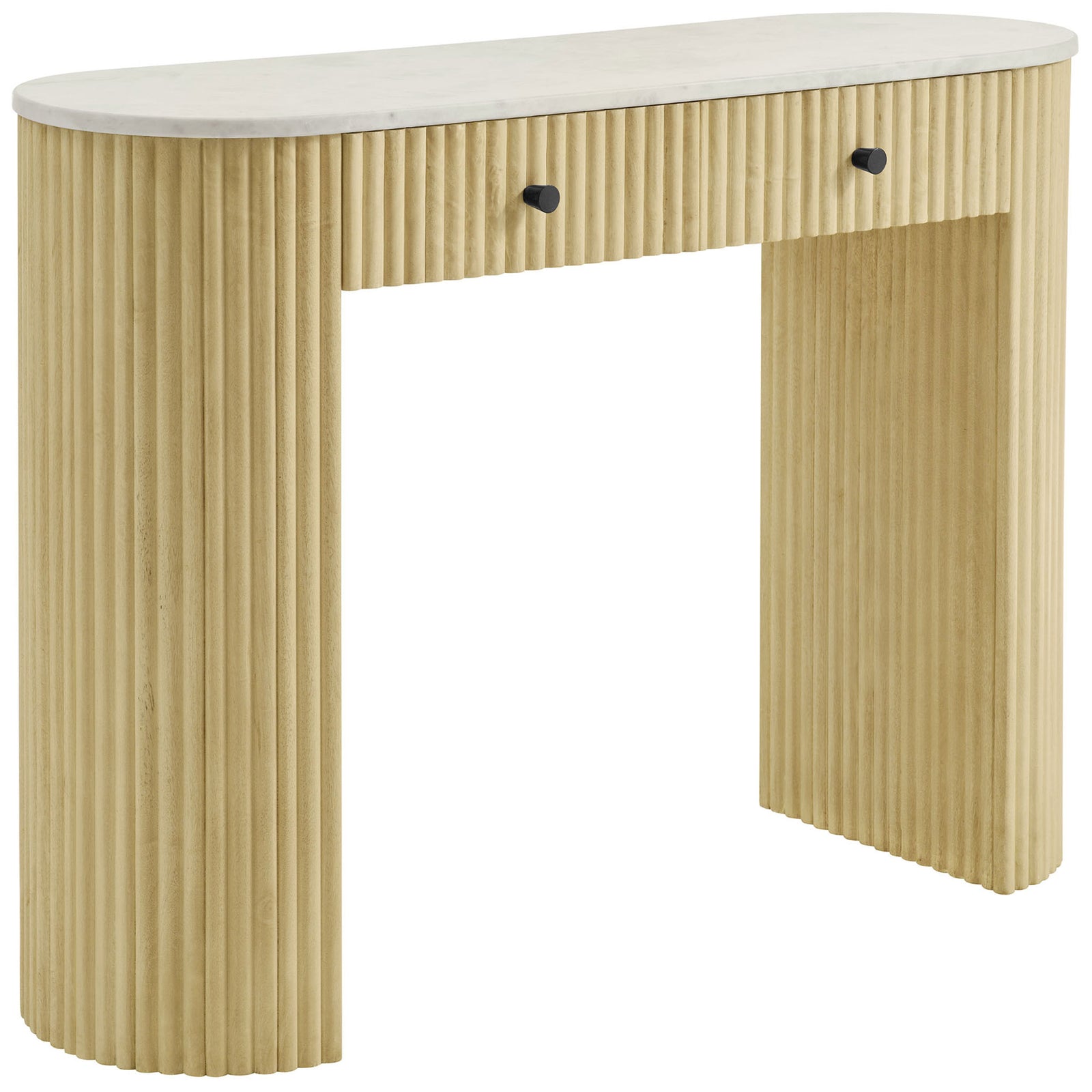Sculptural console pairs a white marble top with a natural mango wood base and twin storage drawers. || EEI-7353-NAT || front_angle_studio