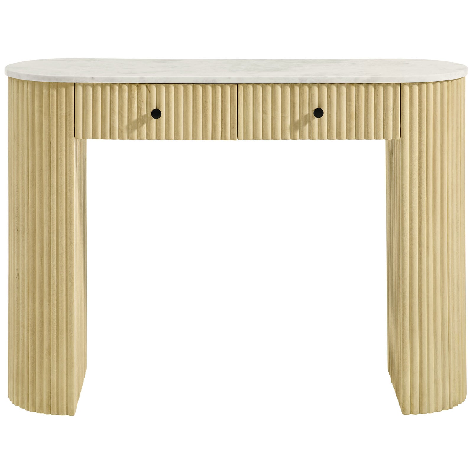 Curved console with fluted solid wood base and oval marble top, finished with sleek black knobs. || EEI-7353-NAT || front_studio