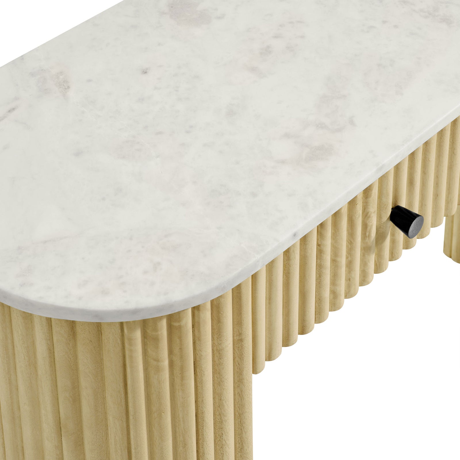 Close-up of the softly veined marble top and minimalist black hardware for a refined, modern look. || EEI-7353-NAT || detail_studio