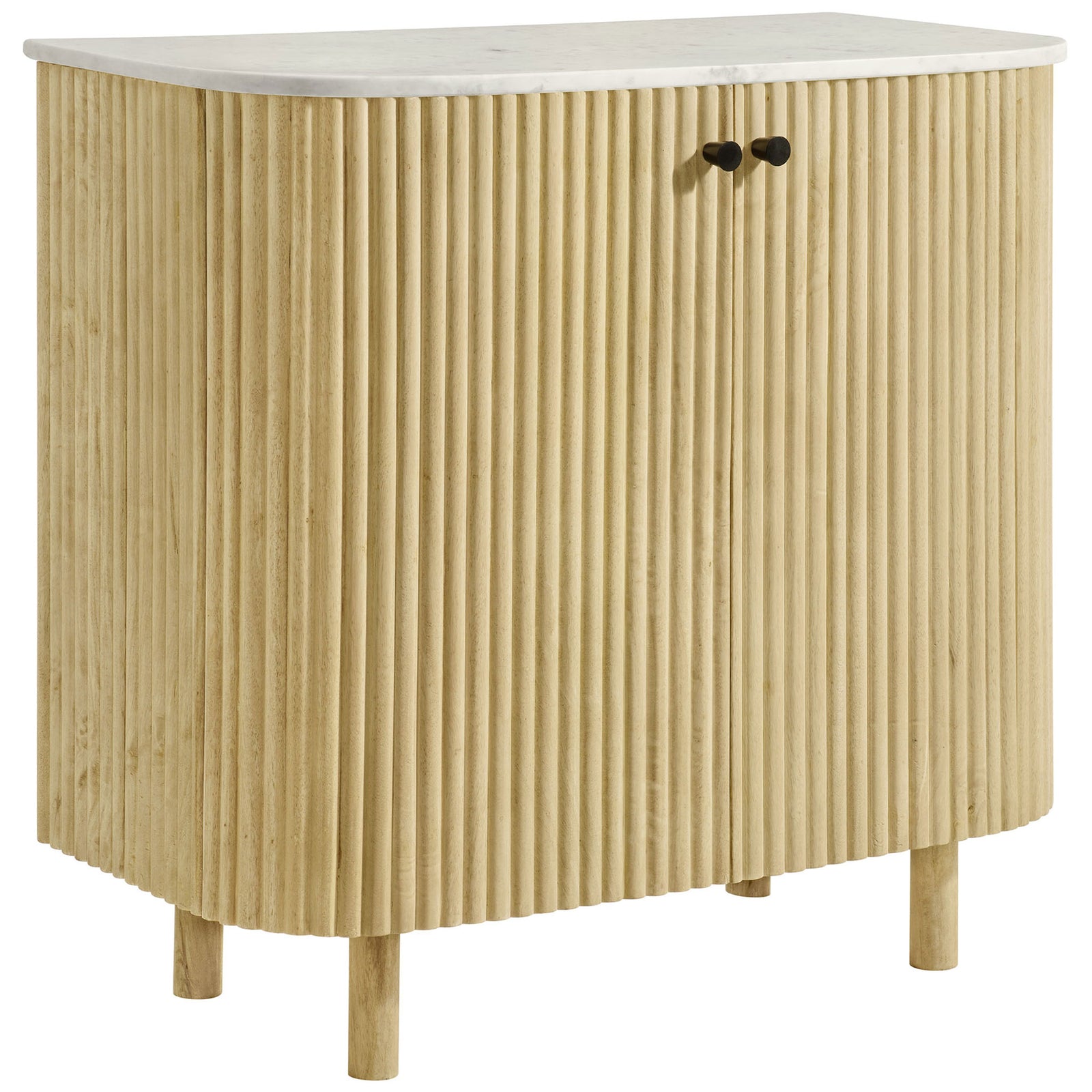 Curved natural wood accent cabinet with vertical fluting, white marble top, and slim round legs for airy style || EEI-7354-NAT || front_angle_studio