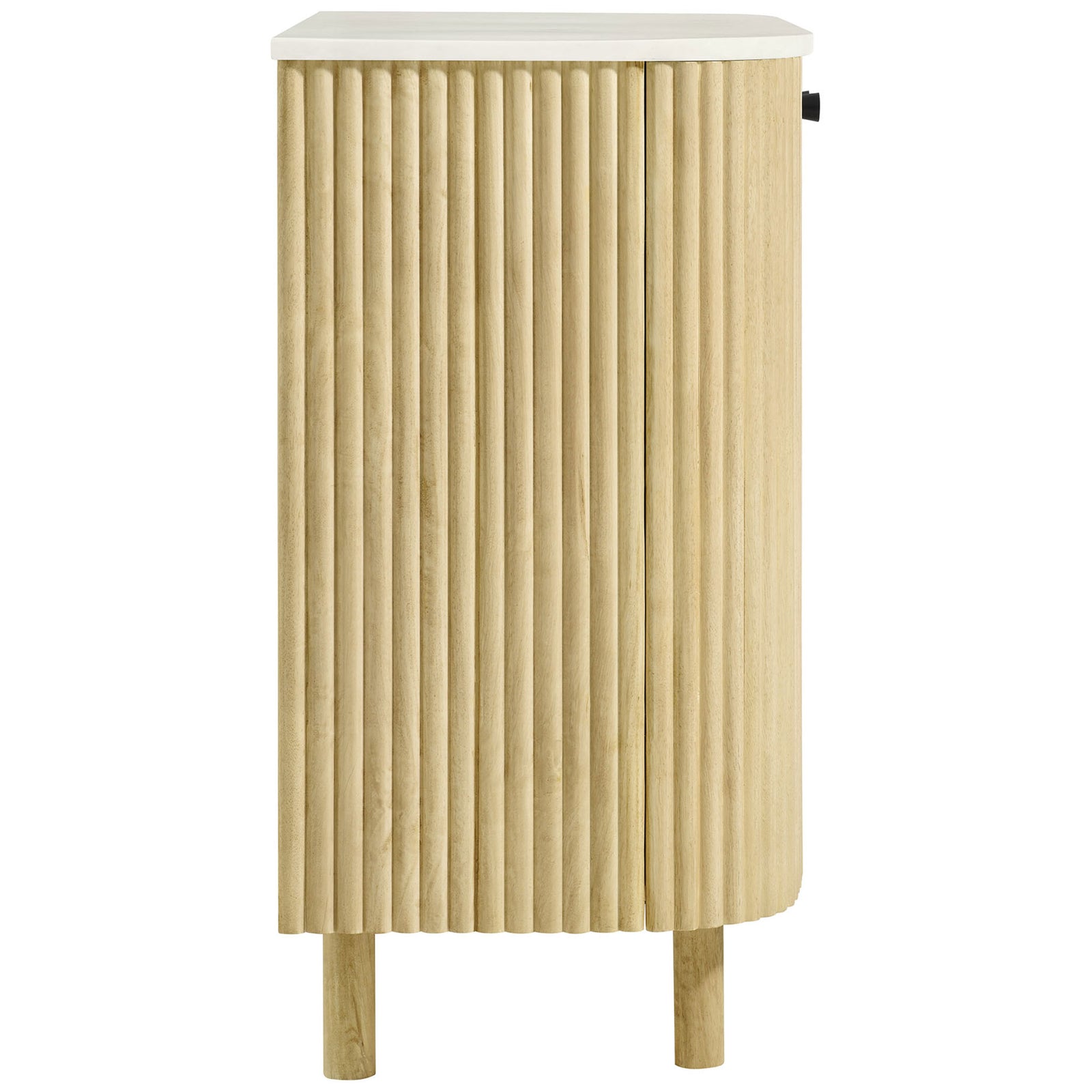 Curved fluted wood cabinet with slim depth, rounded side, and white marble top on slender legs || EEI-7354-NAT || side_studio